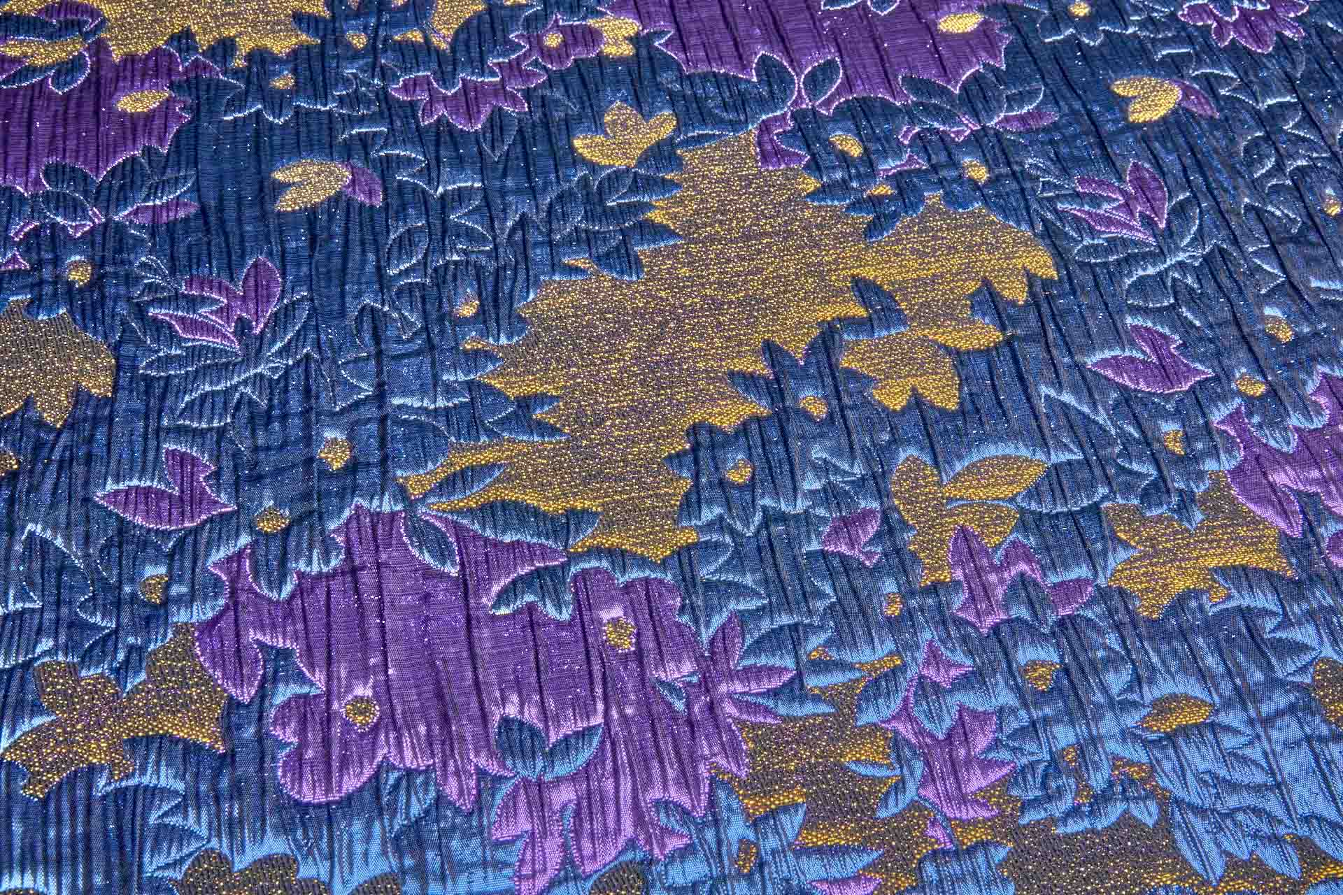 Large Floral Metallic French Cloque - Blue, Yellow Gold & Fuchsia fabric, image 3 of 13