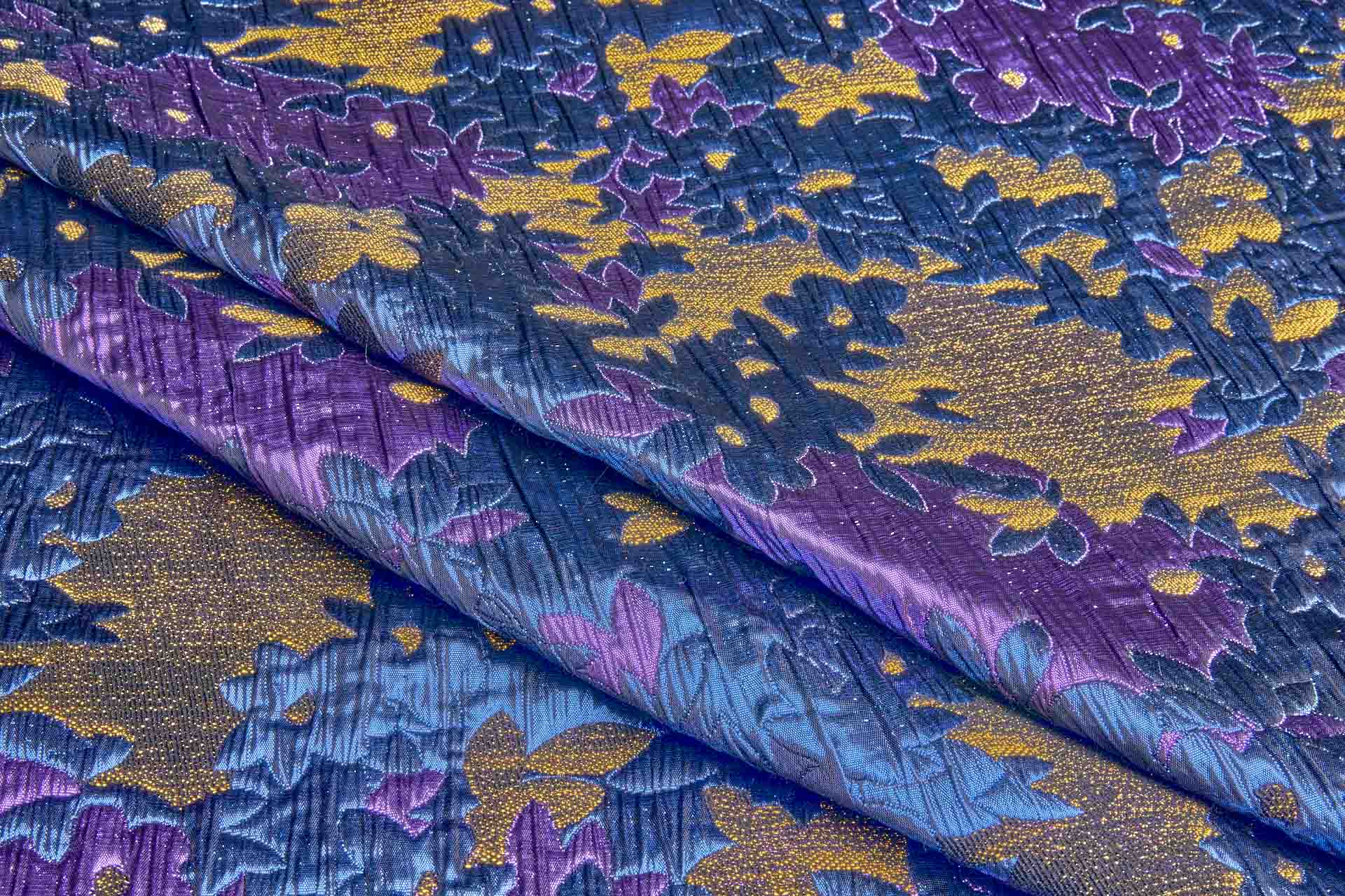 Large Floral Metallic French Cloque - Blue, Yellow Gold & Fuchsia fabric