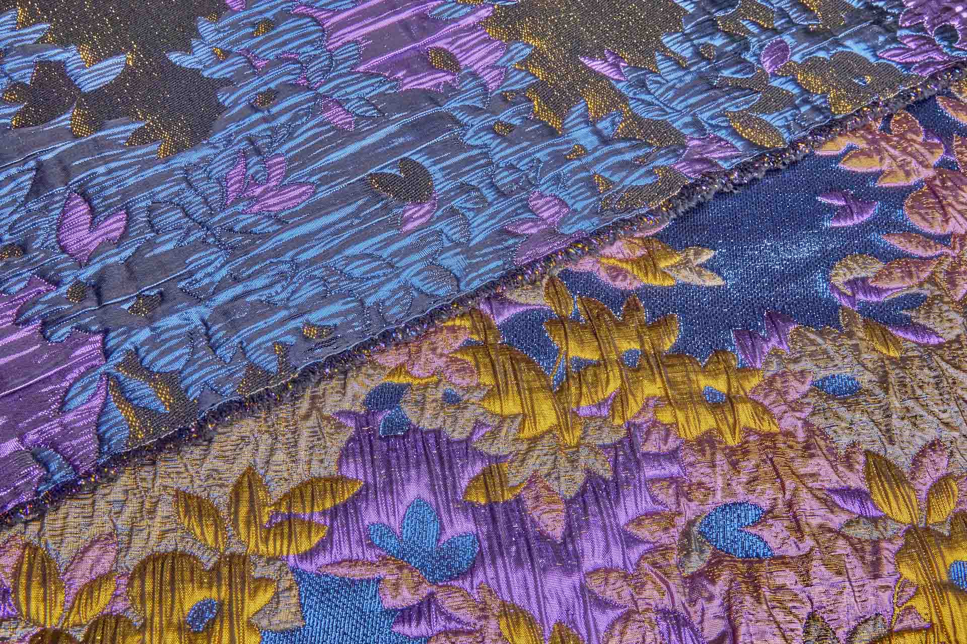 Large Floral Metallic French Cloque - Blue, Yellow Gold & Fuchsia fabric, image 7 of 13