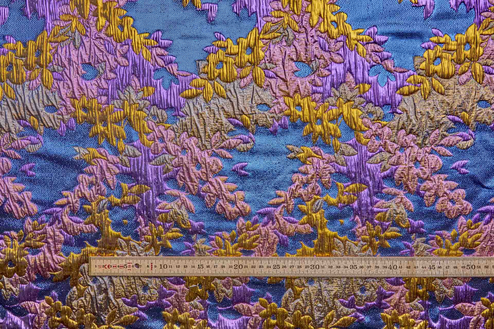 Large Floral Metallic French Cloque - Blue, Yellow Gold & Fuchsia fabric, image 8 of 13