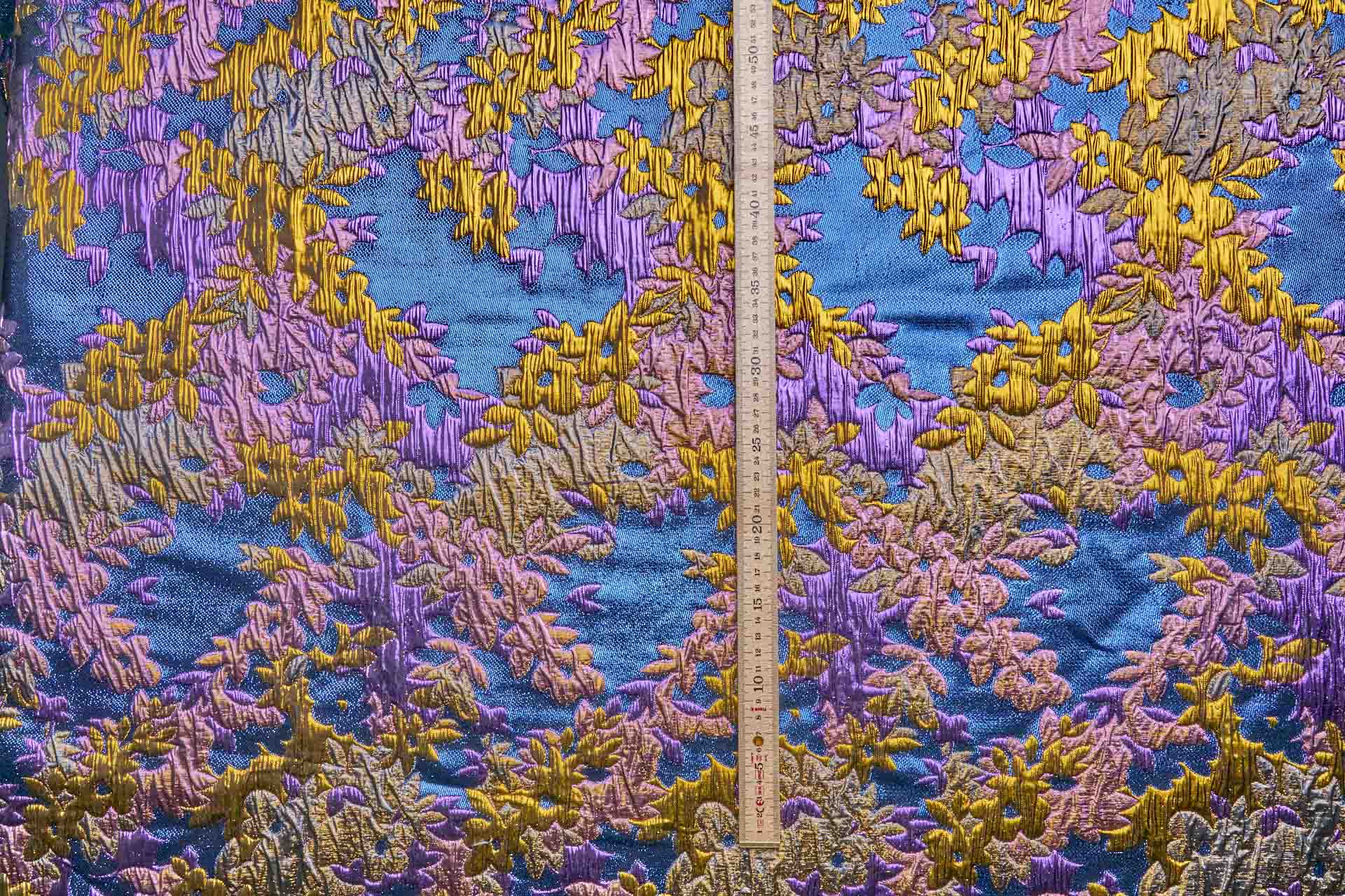 Large Floral Metallic French Cloque - Blue, Yellow Gold & Fuchsia fabric, image 9 of 13