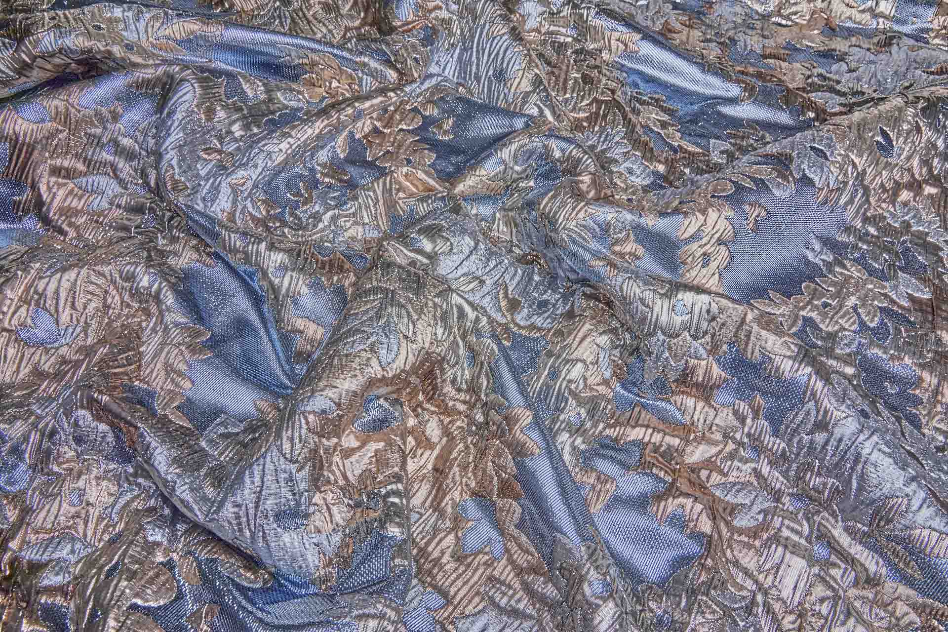 Large Floral Metallic French Cloque - Steel Blue, Grey, Copper & Pale Gold fabric, image 9 of 10