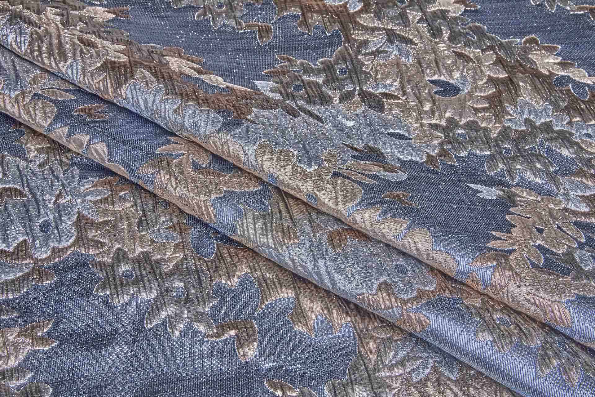 Large Floral Metallic French Cloque - Steel Blue, Grey, Copper & Pale Gold fabric