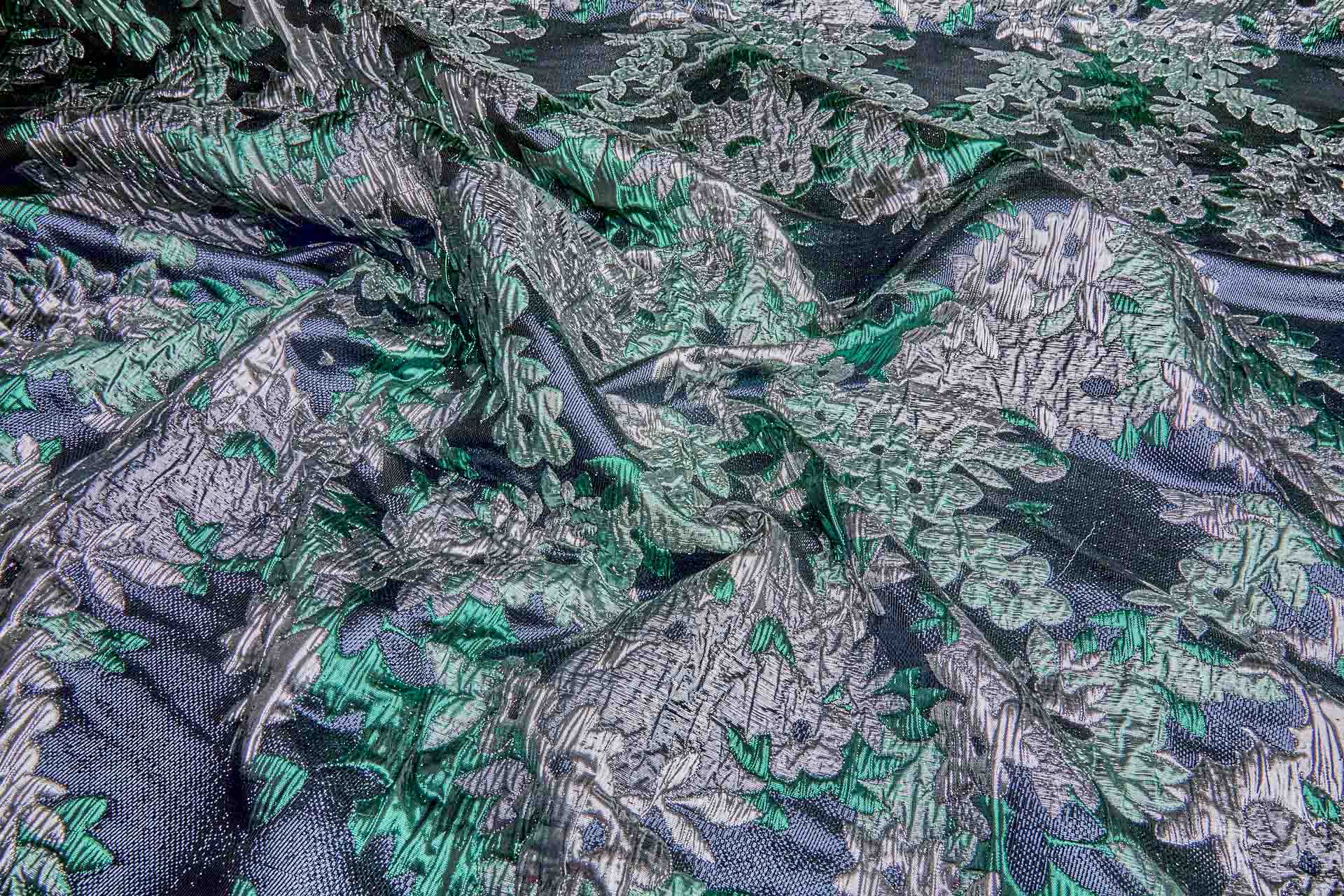 Large Floral Metallic French Cloque - Emerald Green, Silver, Navy & Gunmetal fabric, image 11 of 11