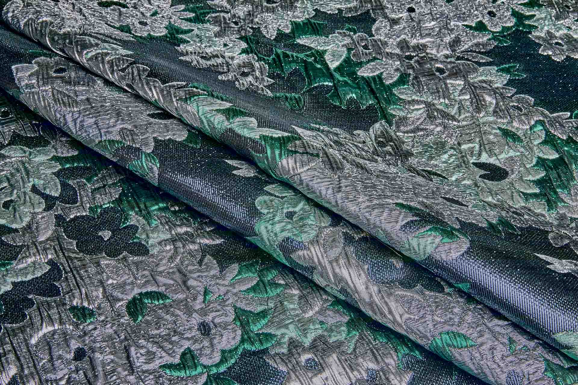 Large Floral Metallic French Cloque - Emerald Green, Silver, Navy & Gunmetal fabric