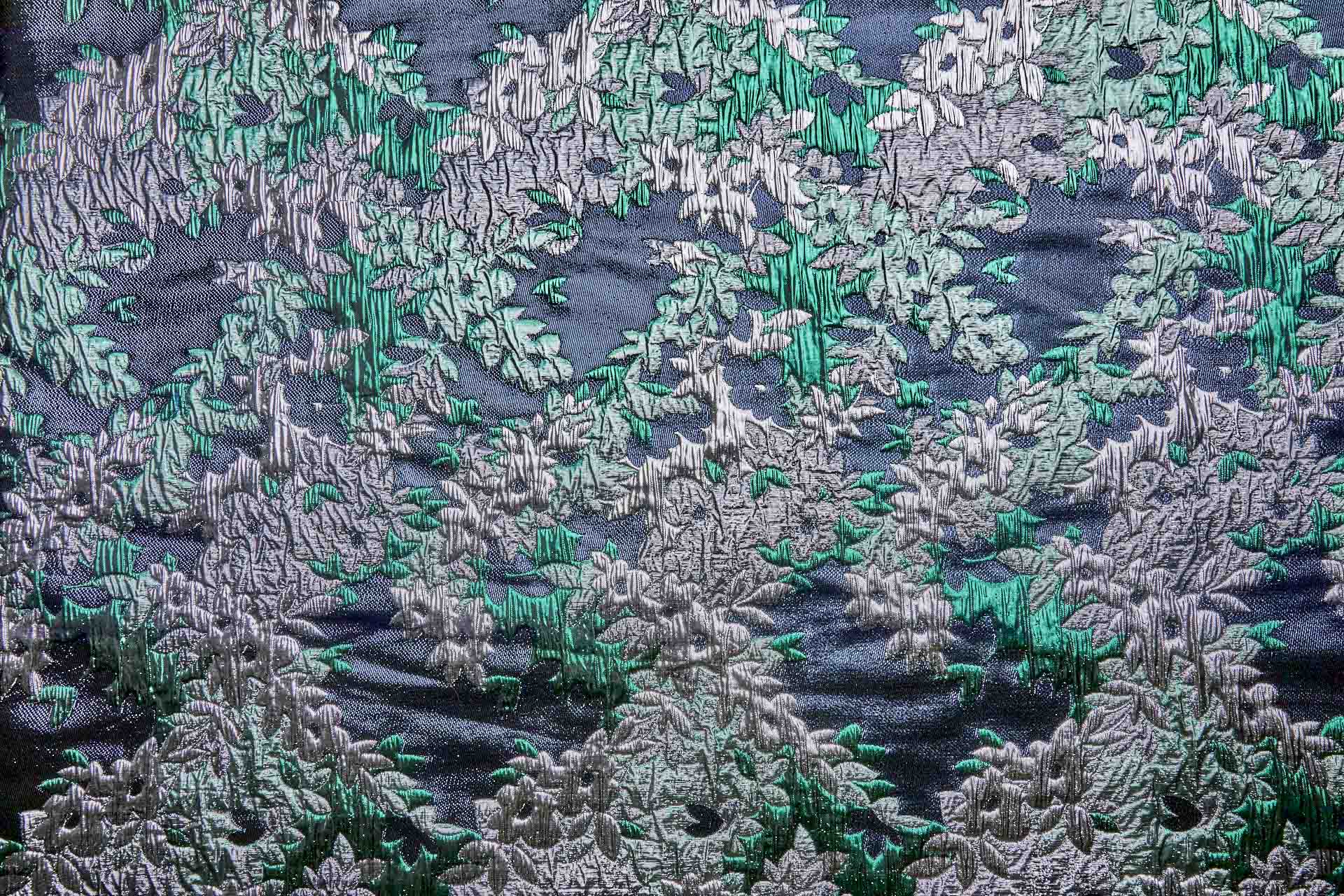 Large Floral Metallic French Cloque - Emerald Green, Silver, Navy & Gunmetal fabric, image 10 of 11