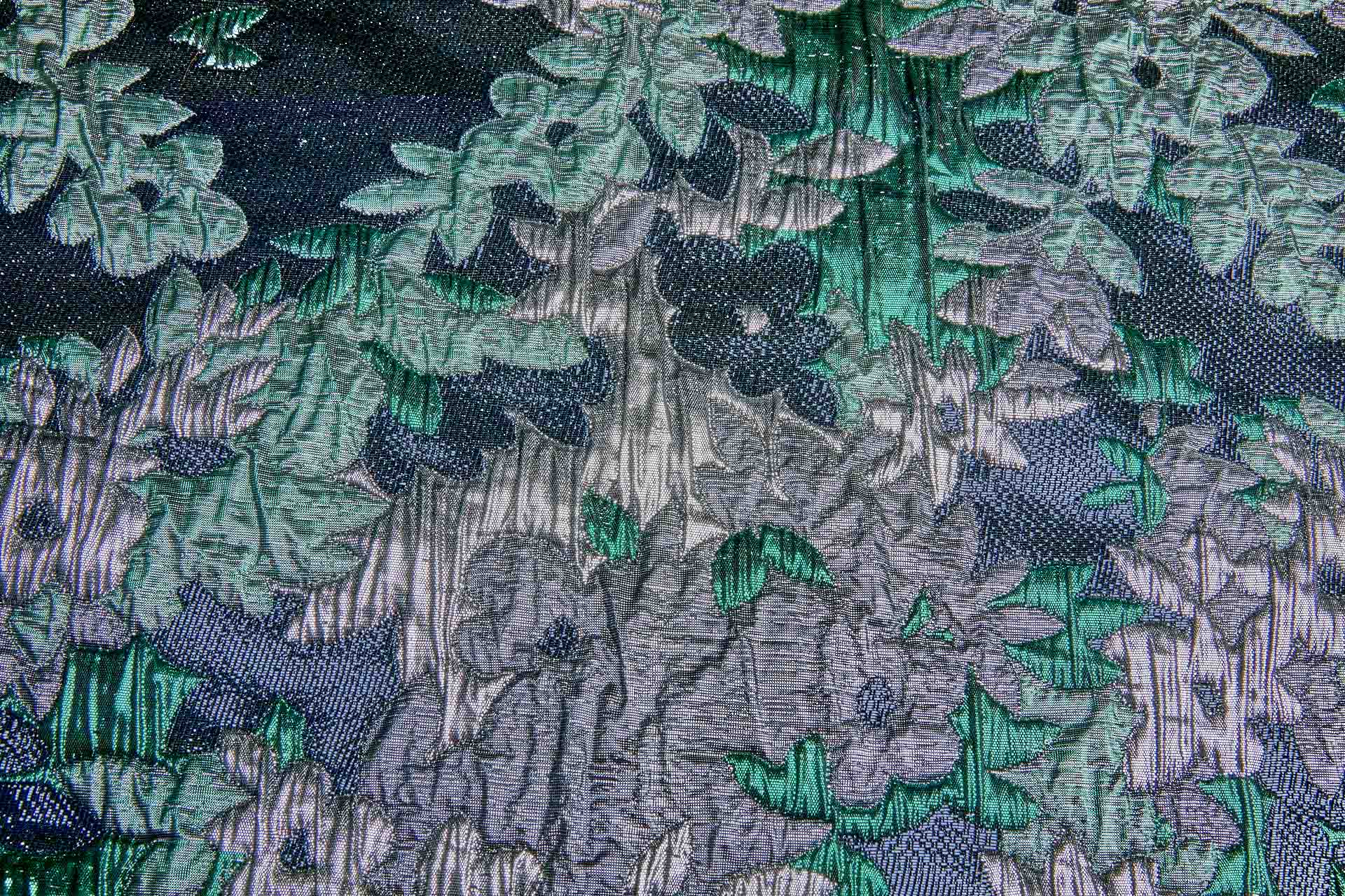 Large Floral Metallic French Cloque - Emerald Green, Silver, Navy & Gunmetal fabric, image 2 of 11