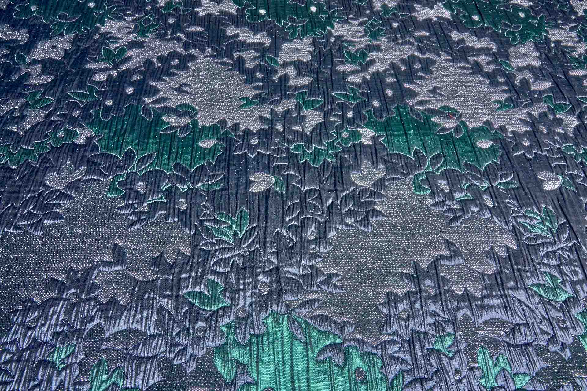 Large Floral Metallic French Cloque - Emerald Green, Silver, Navy & Gunmetal fabric, image 3 of 11