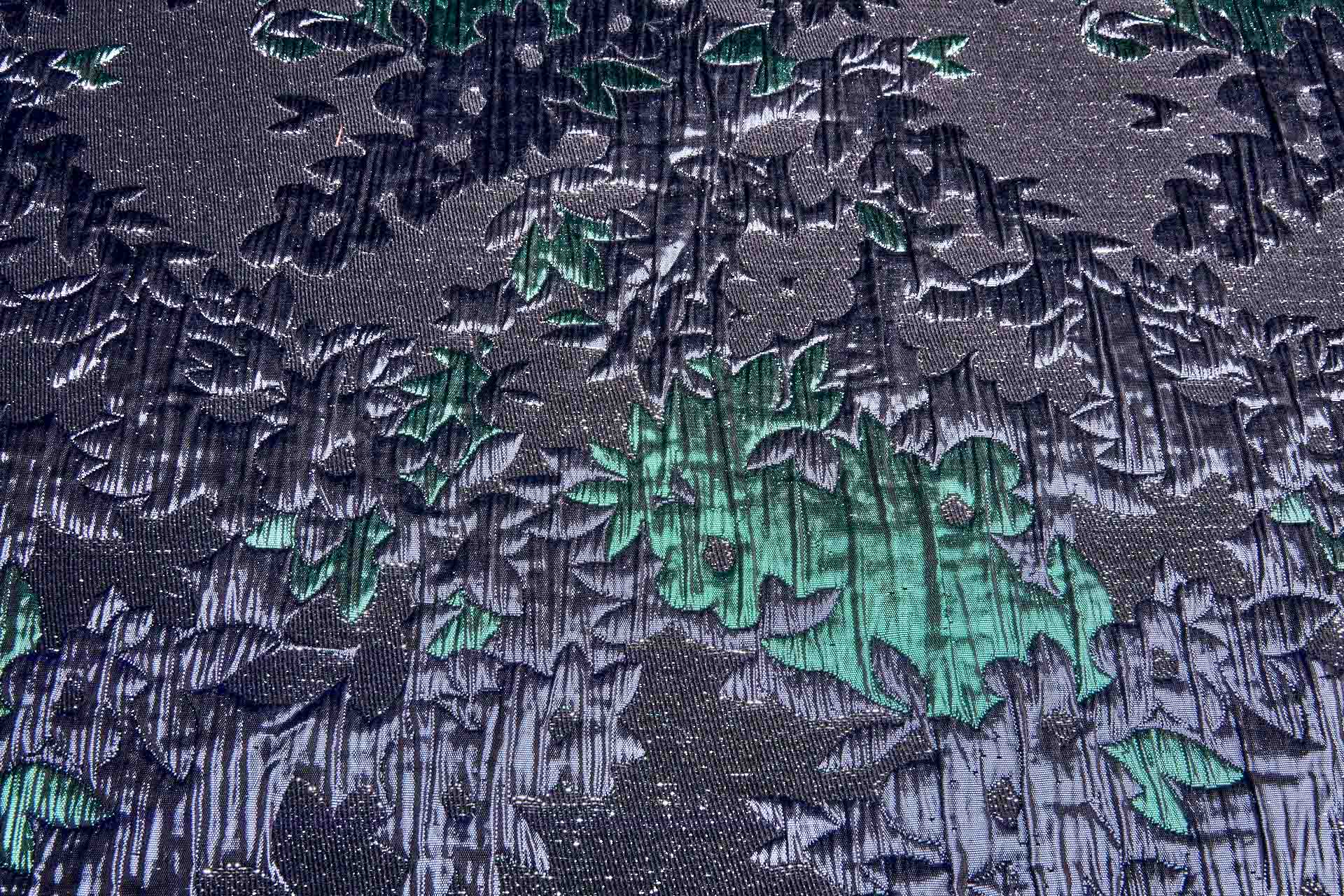 Large Floral Metallic French Cloque - Emerald Green, Silver, Navy & Gunmetal fabric, image 4 of 11
