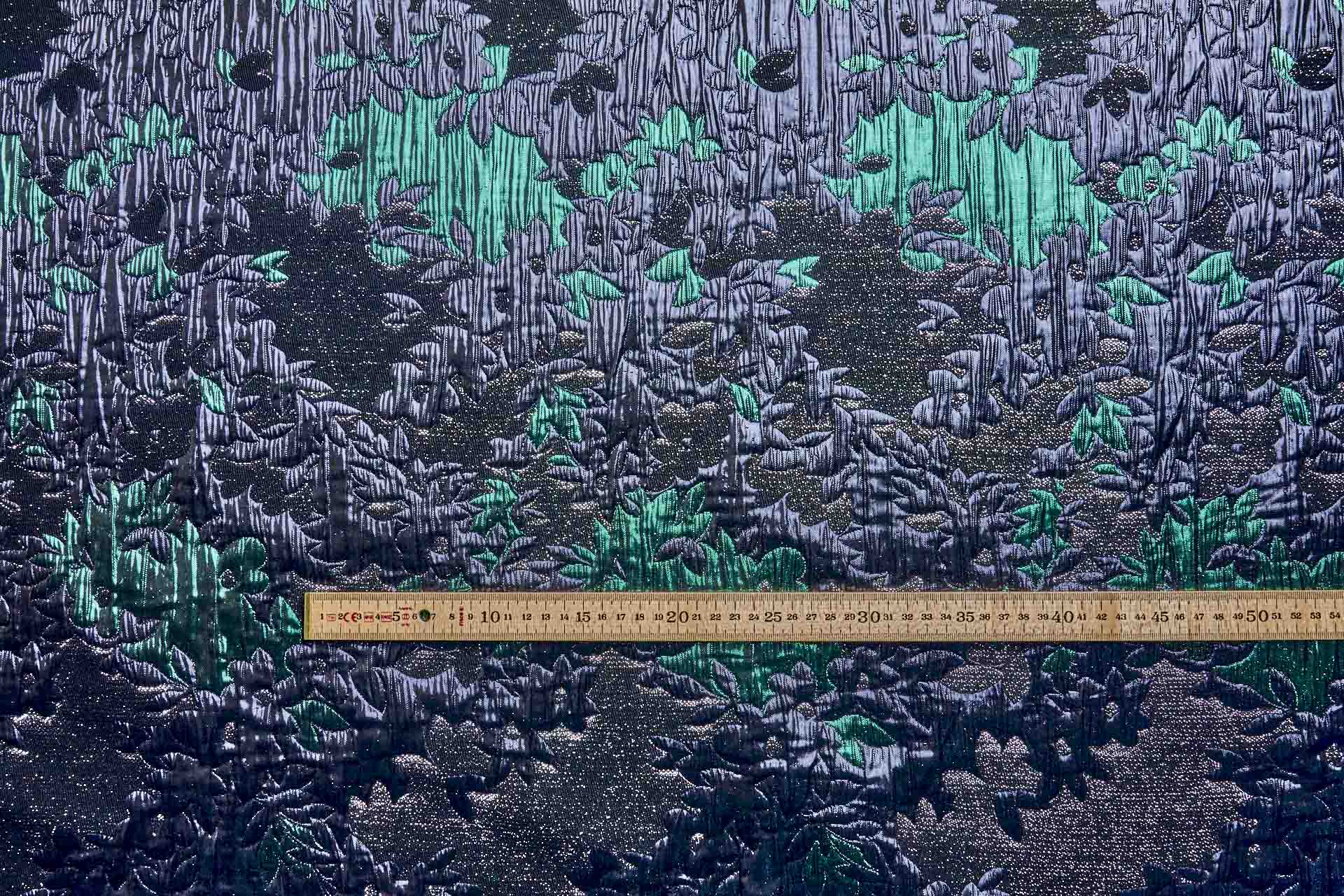 Large Floral Metallic French Cloque - Emerald Green, Silver, Navy & Gunmetal fabric, image 5 of 11
