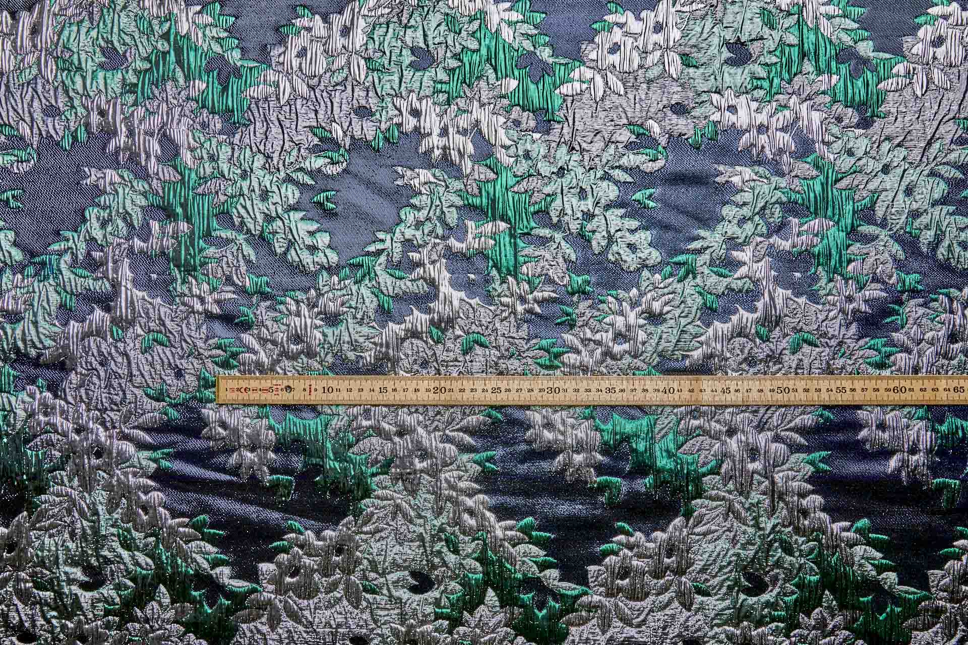 Large Floral Metallic French Cloque - Emerald Green, Silver, Navy & Gunmetal fabric, image 8 of 11