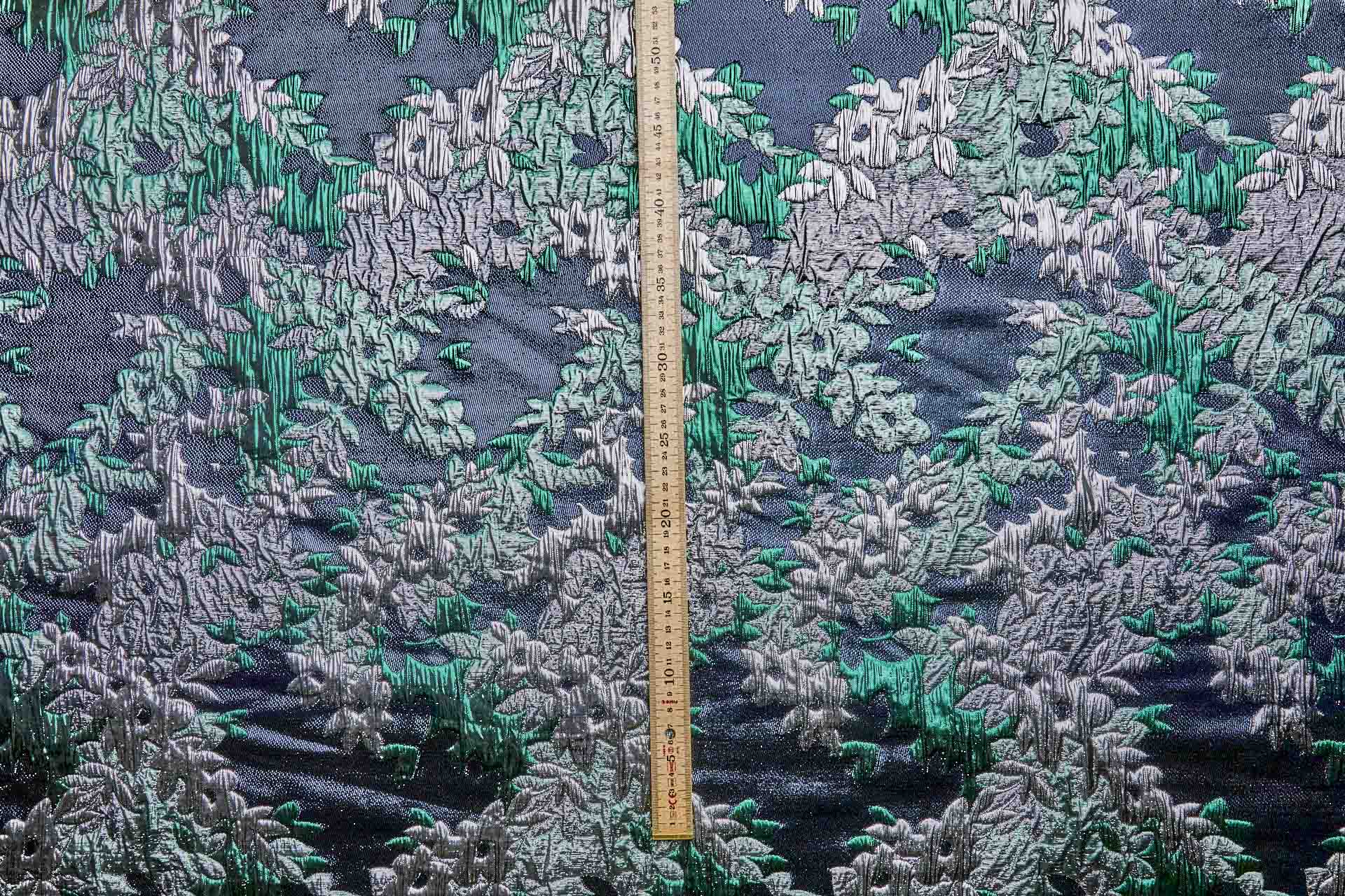 Large Floral Metallic French Cloque - Emerald Green, Silver, Navy & Gunmetal fabric, image 9 of 11