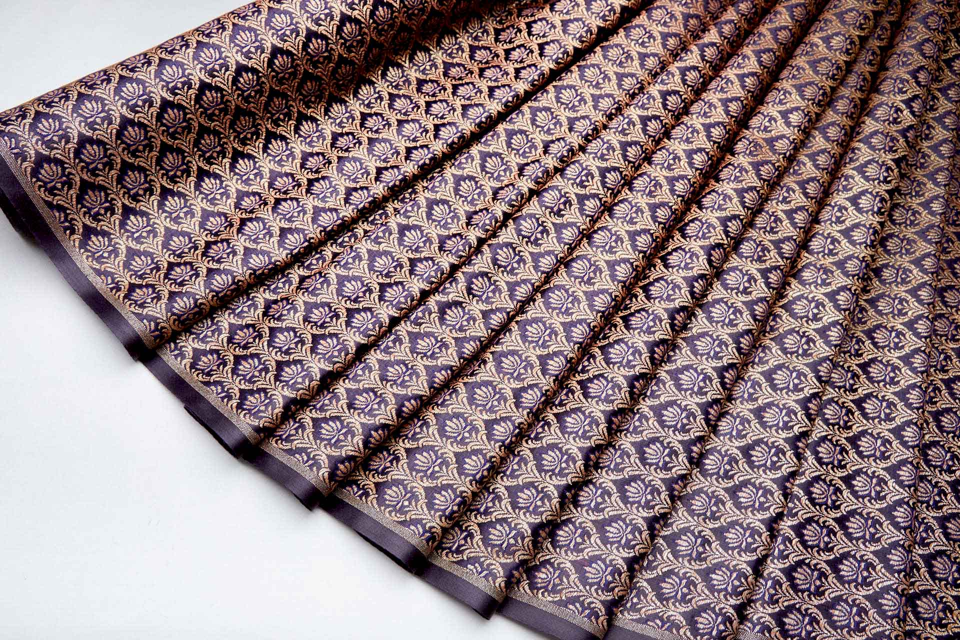 "Lotus Flower" Banaras Brocade - Inky Blue & Metallic Gold fabric, image 11 of 12