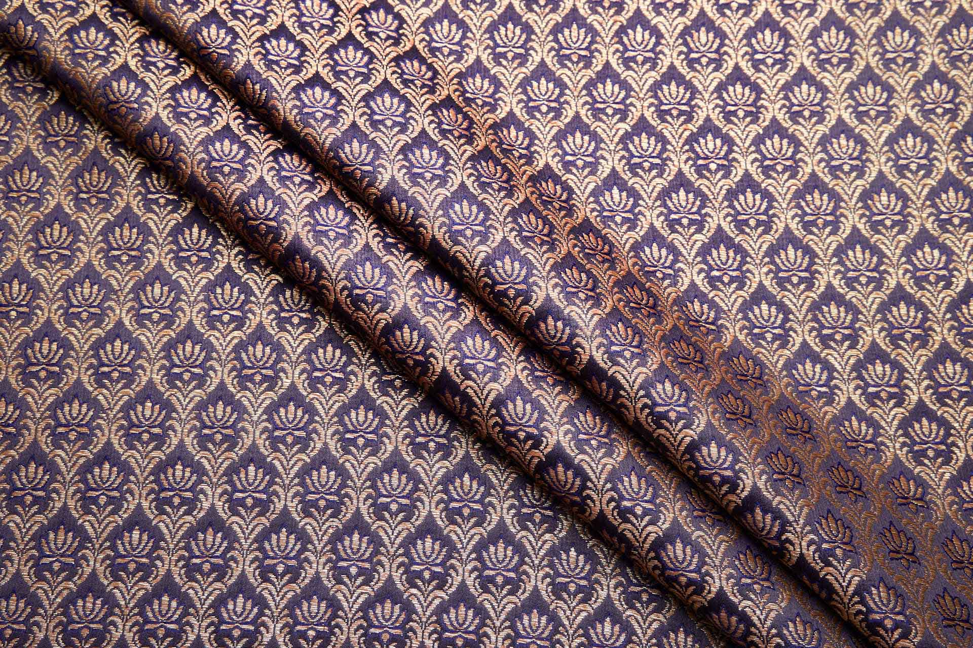 "Lotus Flower" Banaras Brocade - Inky Blue & Metallic Gold fabric, image 5 of 12