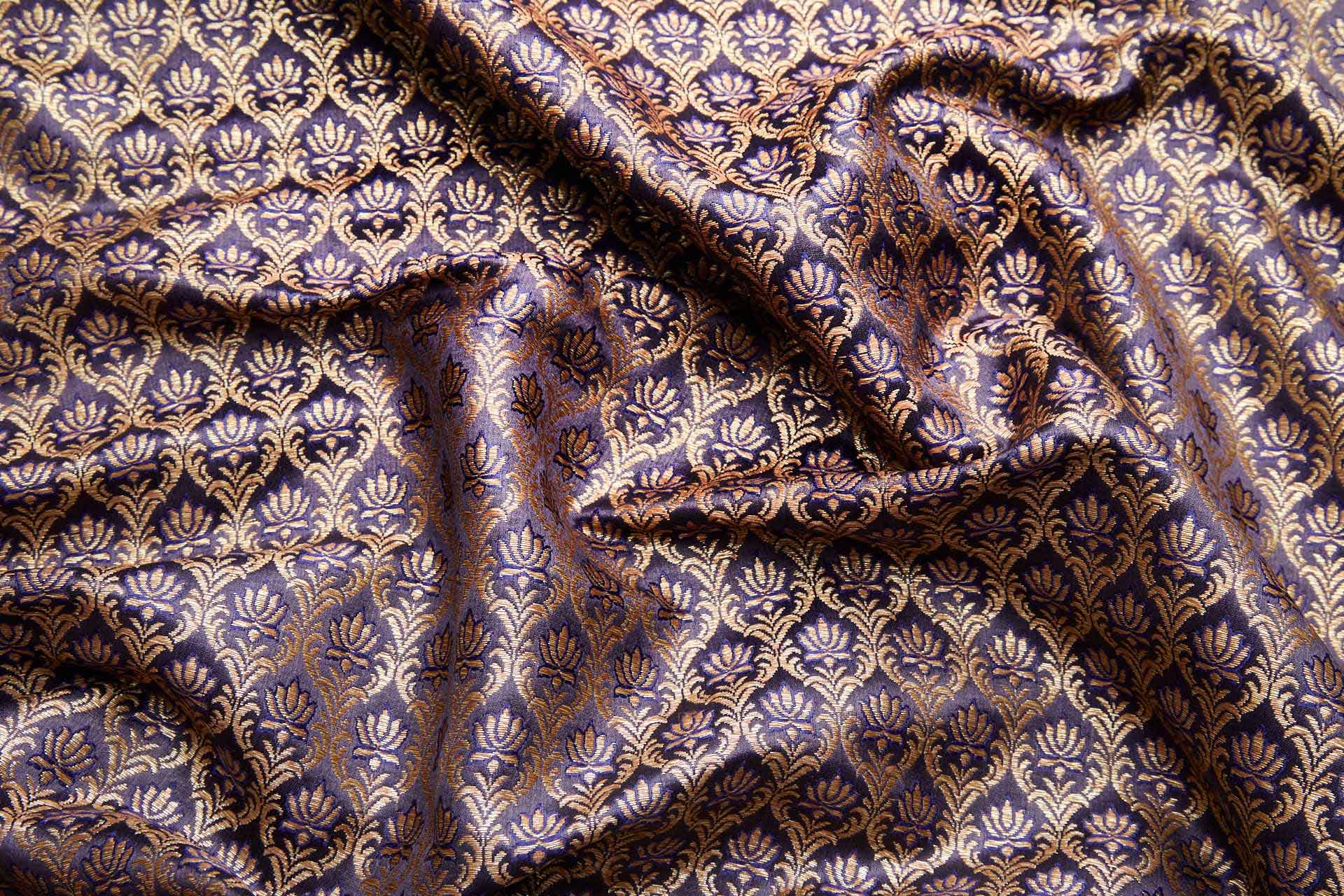 "Lotus Flower" Banaras Brocade - Inky Blue & Metallic Gold fabric, image 3 of 12