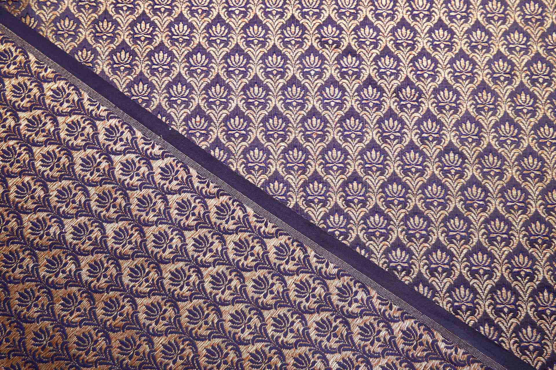 "Lotus Flower" Banaras Brocade - Inky Blue & Metallic Gold fabric, image 6 of 12