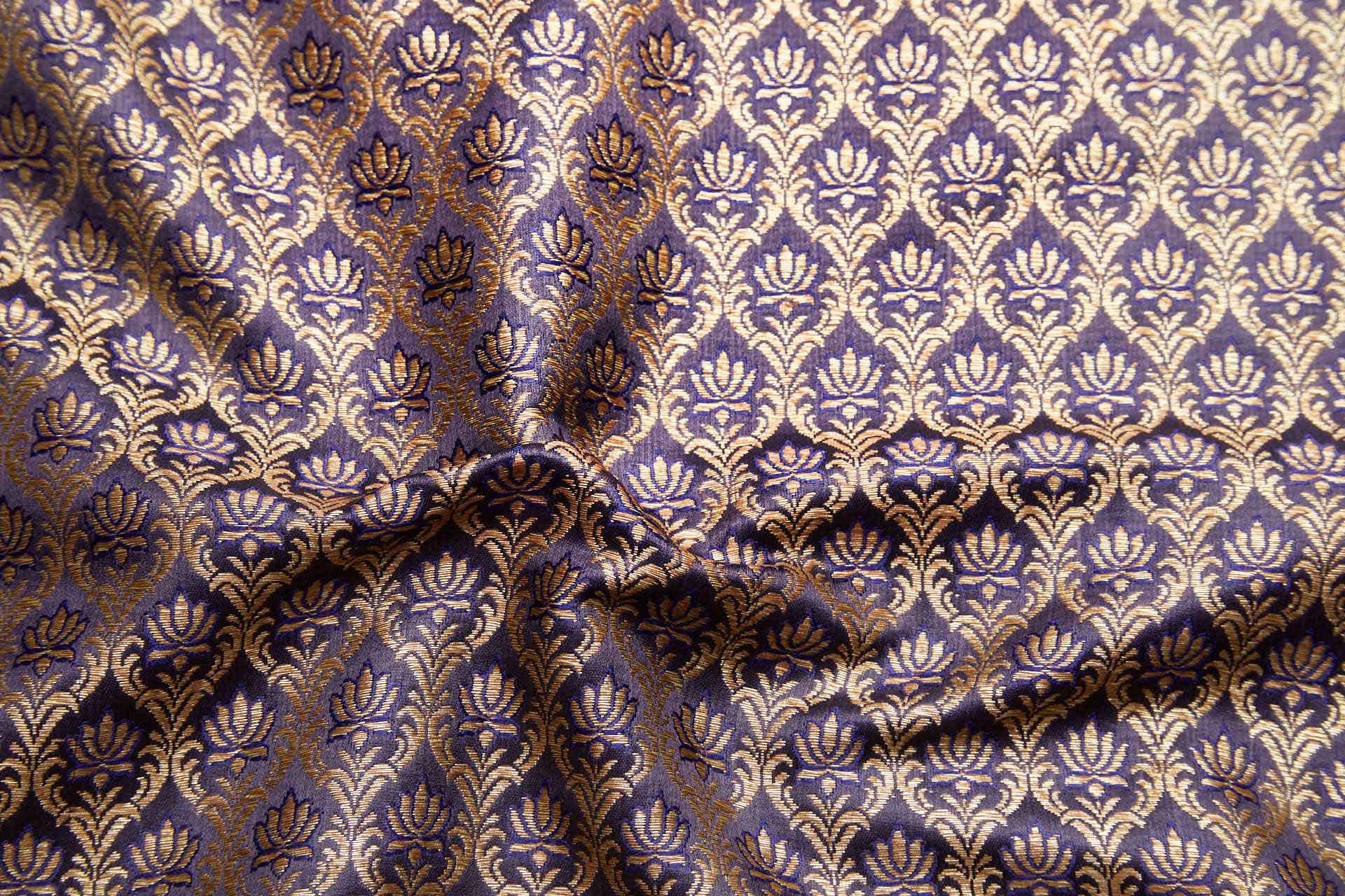 "Lotus Flower" Banaras Brocade - Inky Blue & Metallic Gold fabric