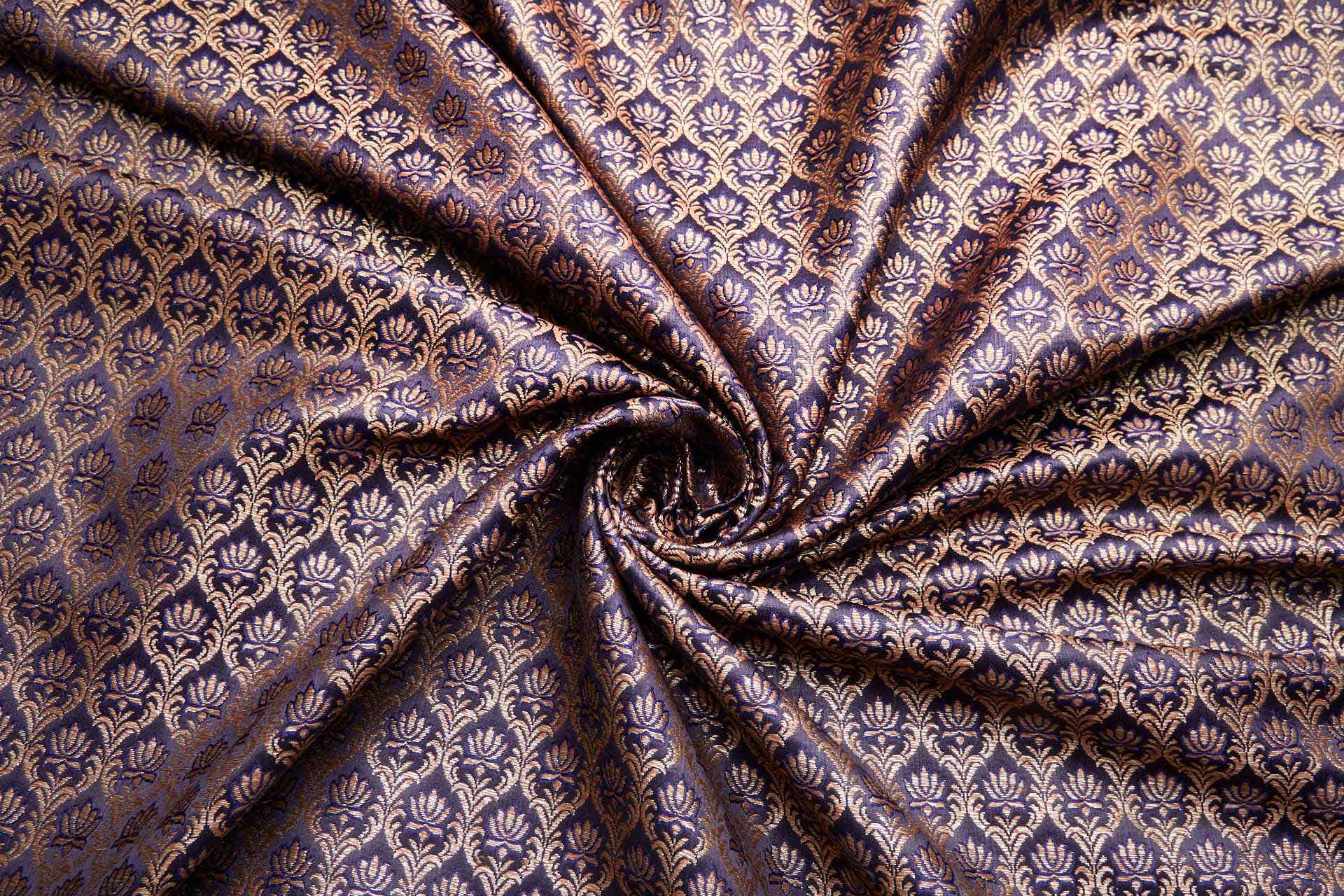 "Lotus Flower" Banaras Brocade - Inky Blue & Metallic Gold fabric, image 7 of 12