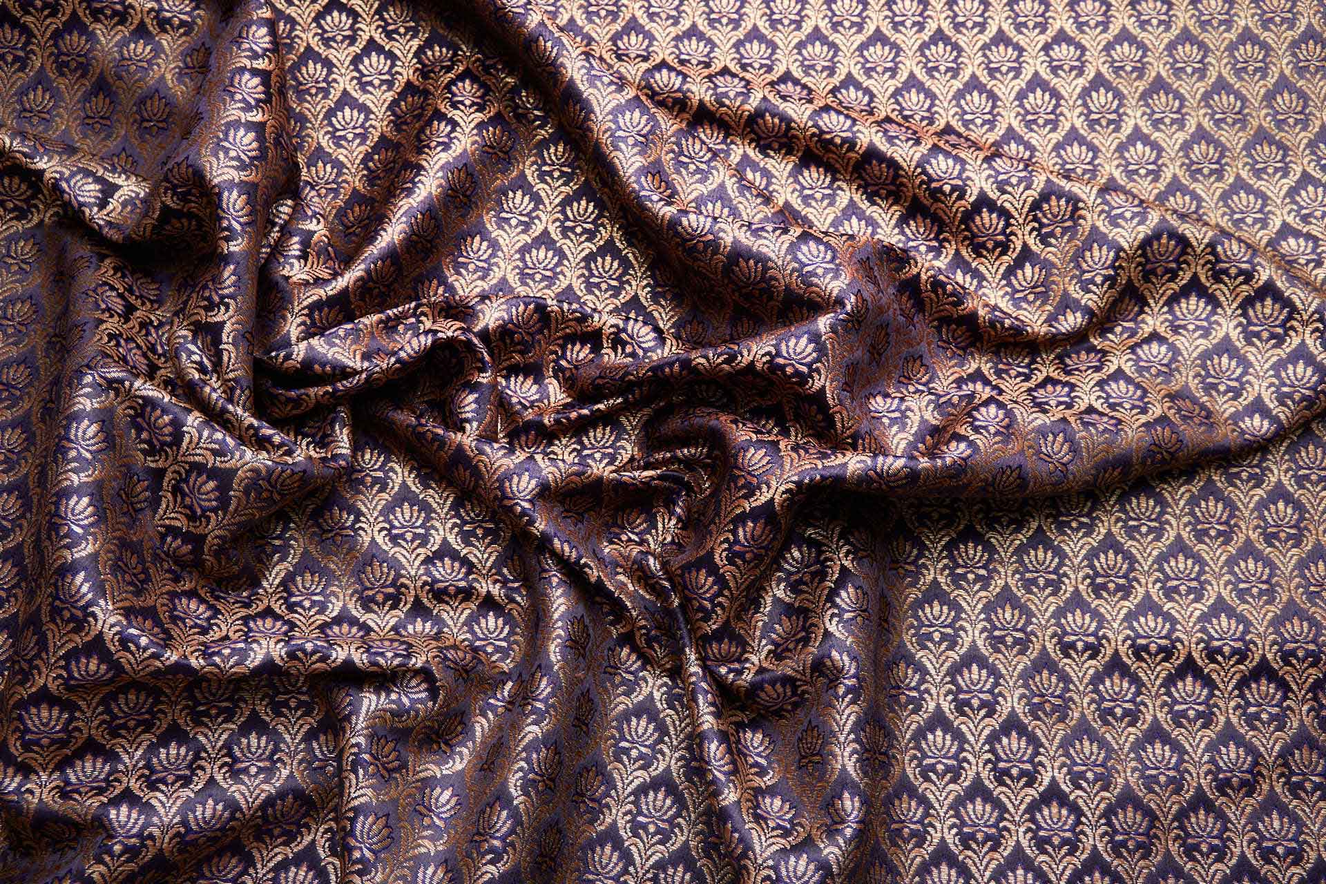 "Lotus Flower" Banaras Brocade - Inky Blue & Metallic Gold fabric, image 8 of 12