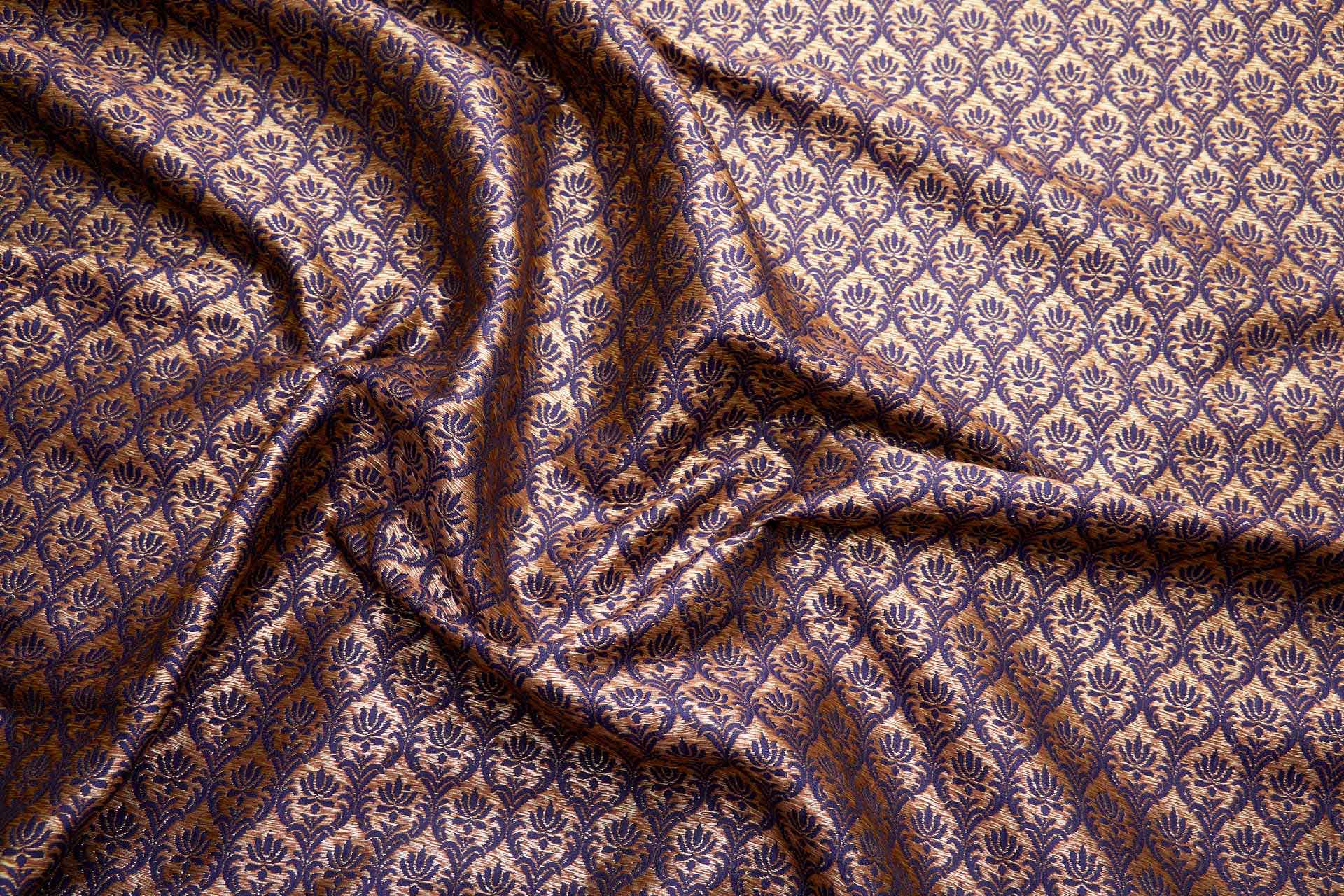 "Lotus Flower" Banaras Brocade - Inky Blue & Metallic Gold fabric, image 9 of 12