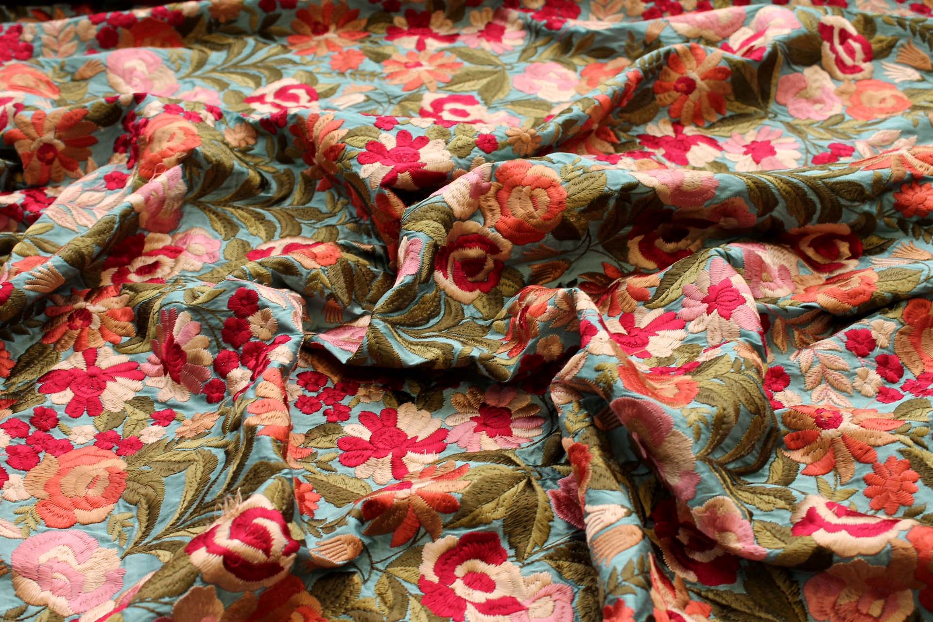 Floral Embroidery on Aqua Poly Dupion fabric, image 2 of 8