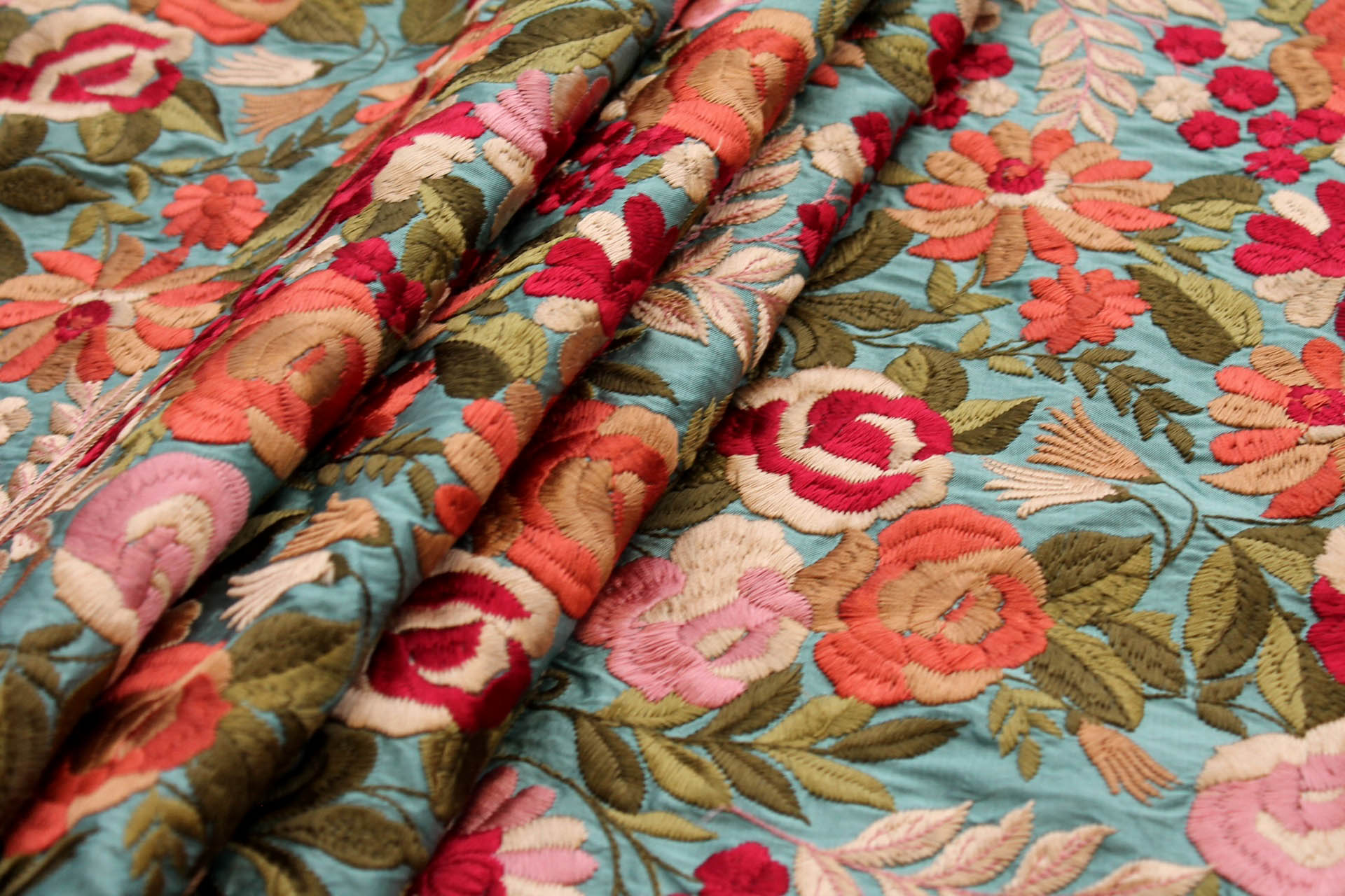 Floral Embroidery on Aqua Poly Dupion fabric