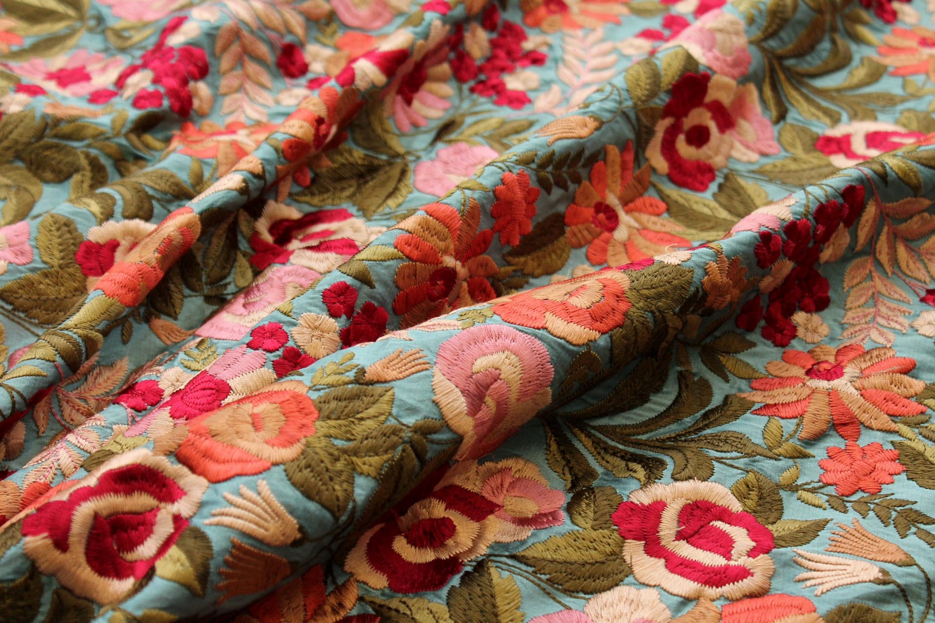 Floral Embroidery on Aqua Poly Dupion fabric, image 3 of 8