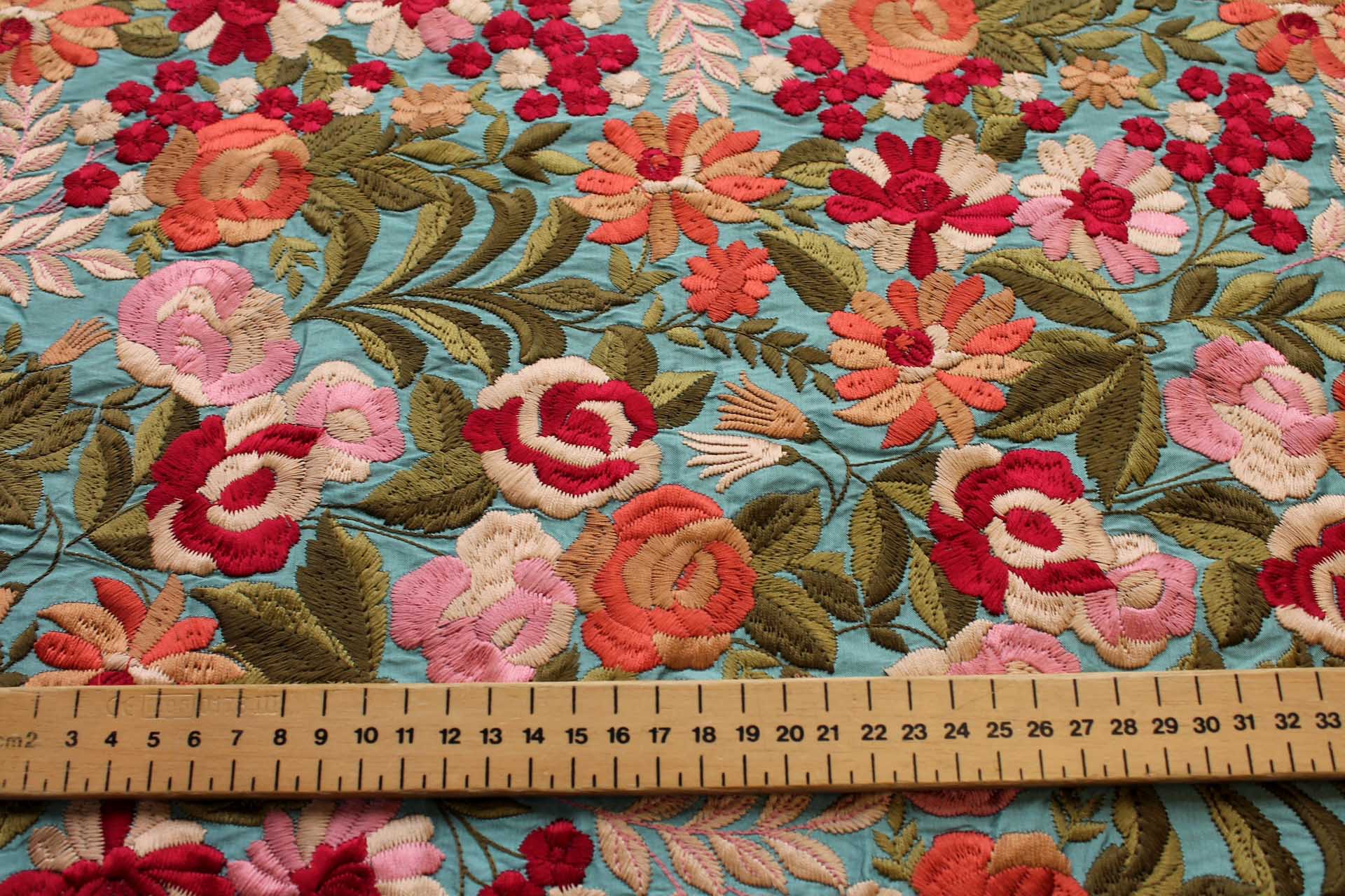Floral Embroidery on Aqua Poly Dupion fabric, image 4 of 8