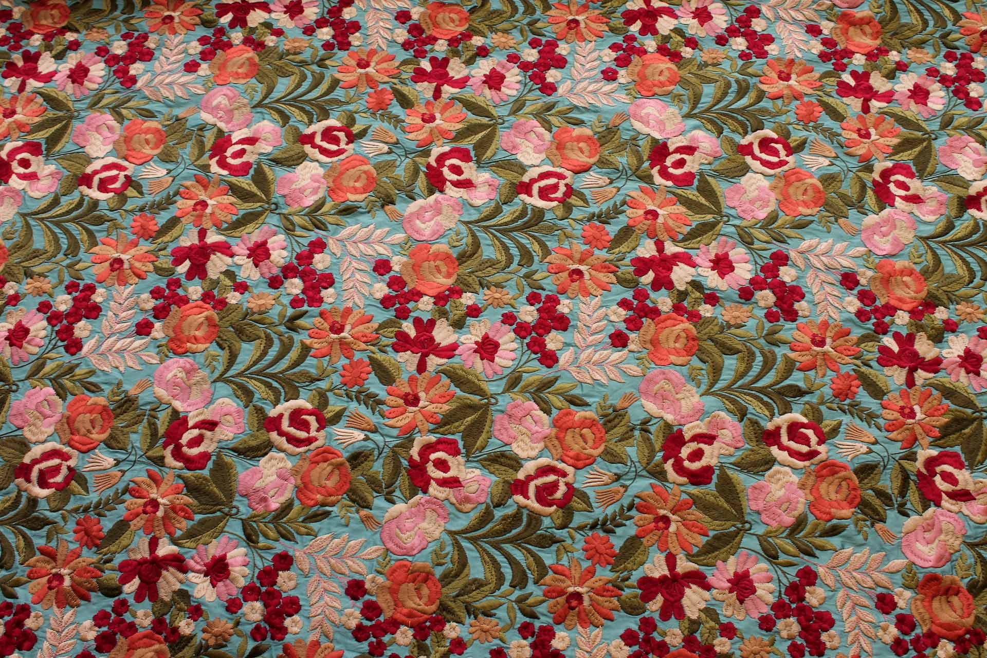 Floral Embroidery on Aqua Poly Dupion fabric, image 5 of 8