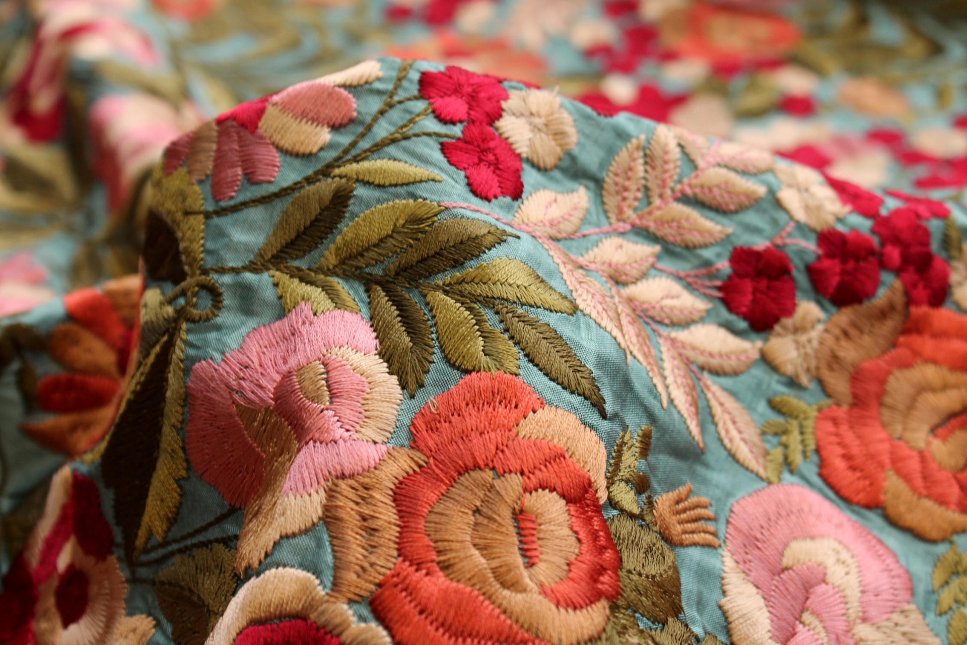 Floral Embroidery on Aqua Poly Dupion fabric, image 6 of 8