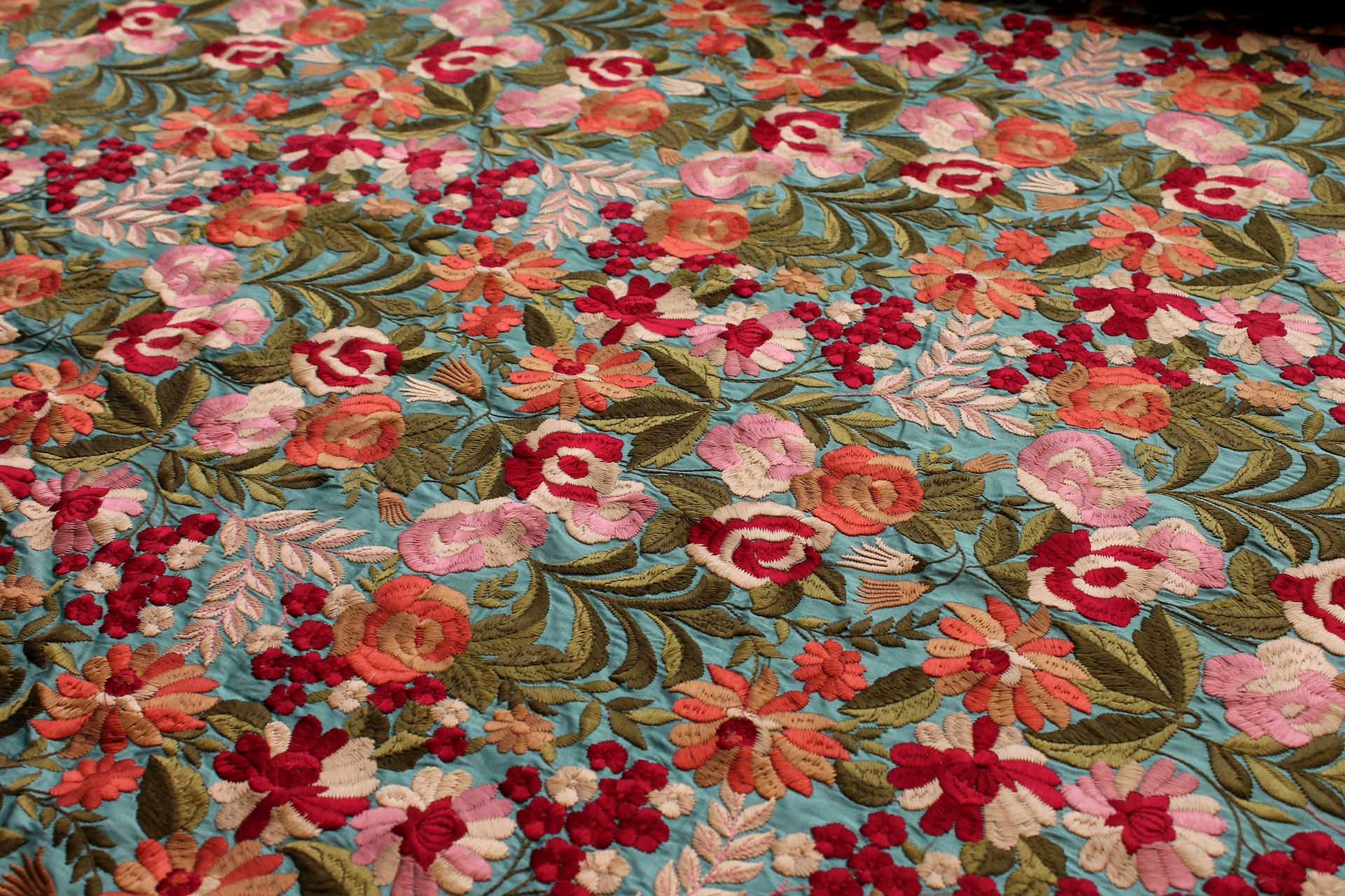 Floral Embroidery on Aqua Poly Dupion fabric, image 7 of 8