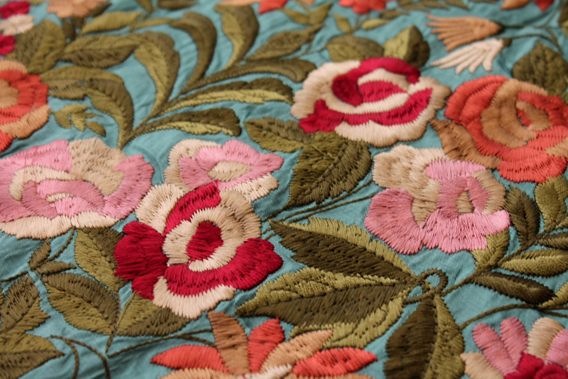 Floral Embroidery on Aqua Poly Dupion fabric, image 8 of 8