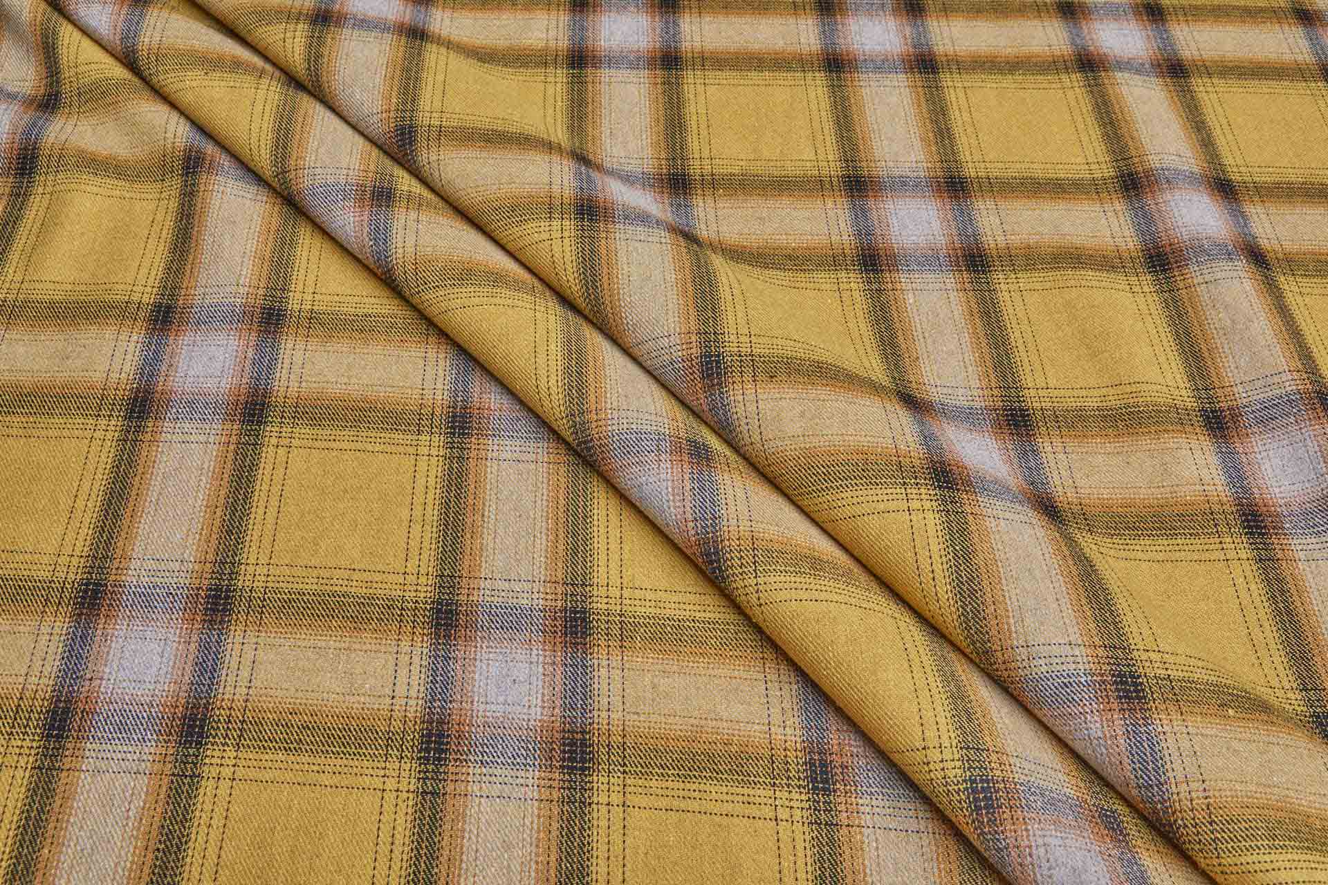 Poly Cotton Flannel Check Shirting - Mustard and Grey fabric
