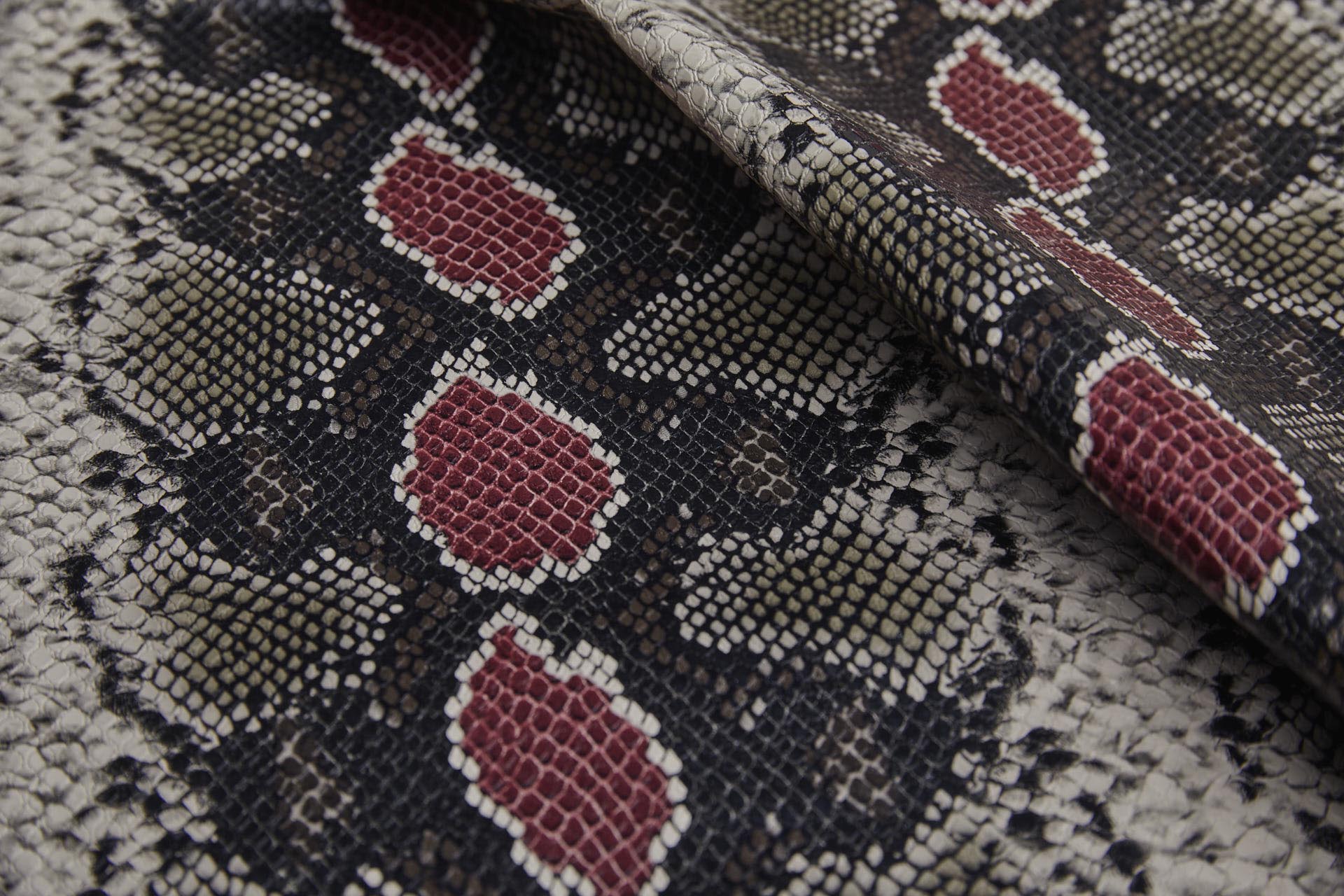 Snakeskin Printed Leatherette - Black, Brown, Beige and Maroon fabric