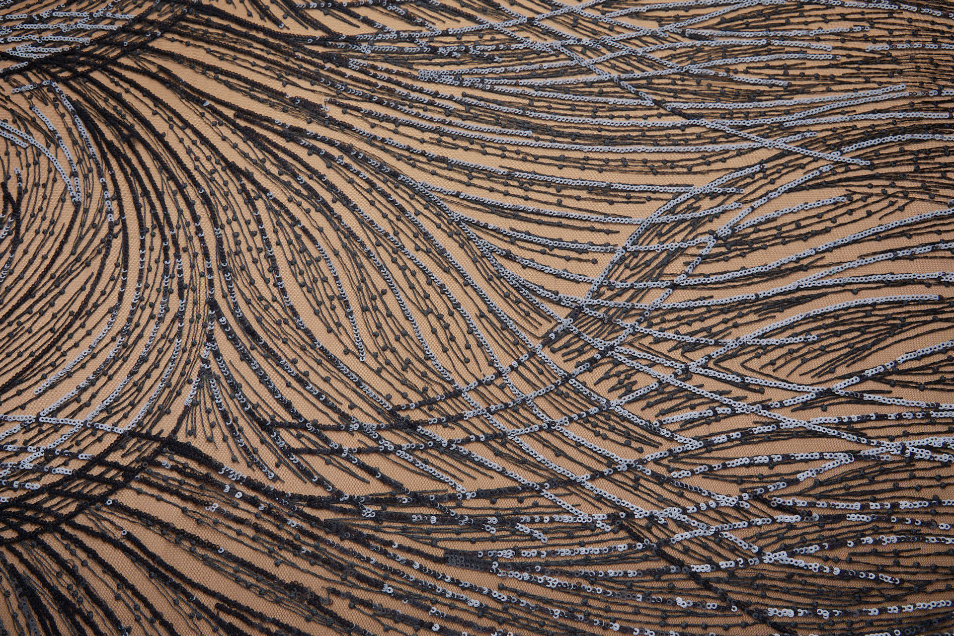 Abstract Wave Lines Sequined Embroidery on Tulle - Black fabric, image 5 of 8