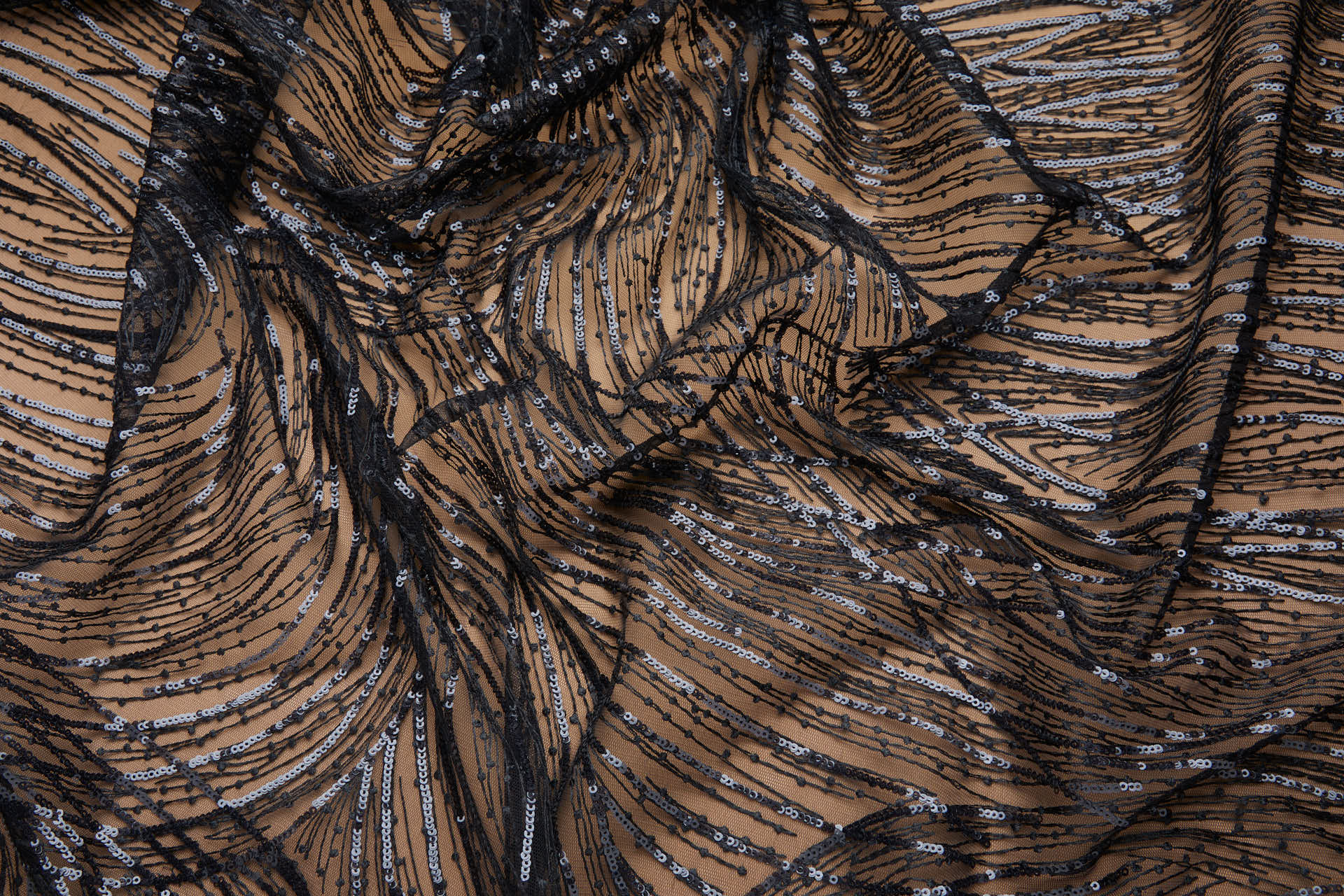 Abstract Wave Lines Sequined Embroidery on Tulle - Black fabric, image 7 of 8