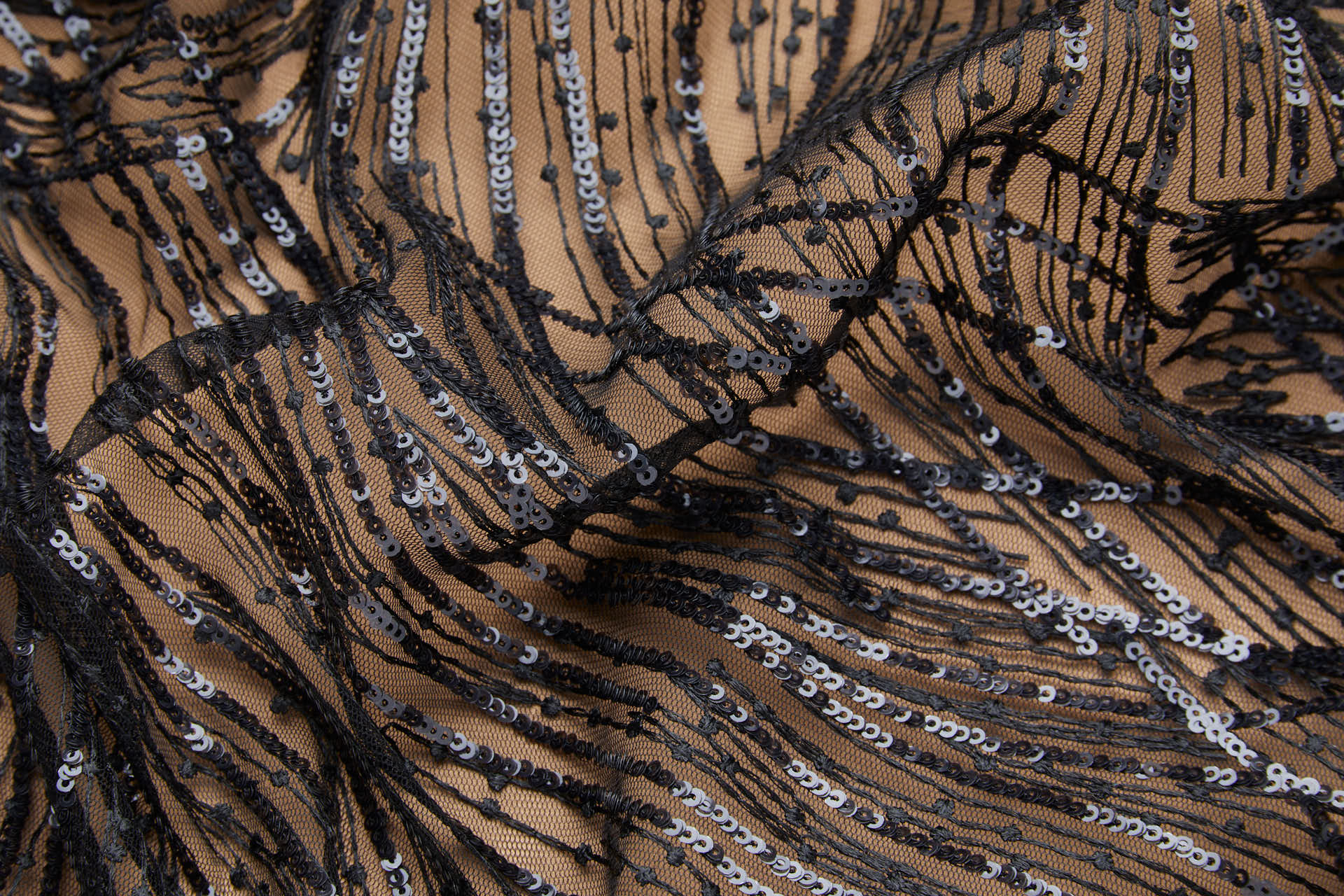 Abstract Wave Lines Sequined Embroidery on Tulle - Black fabric, image 4 of 8