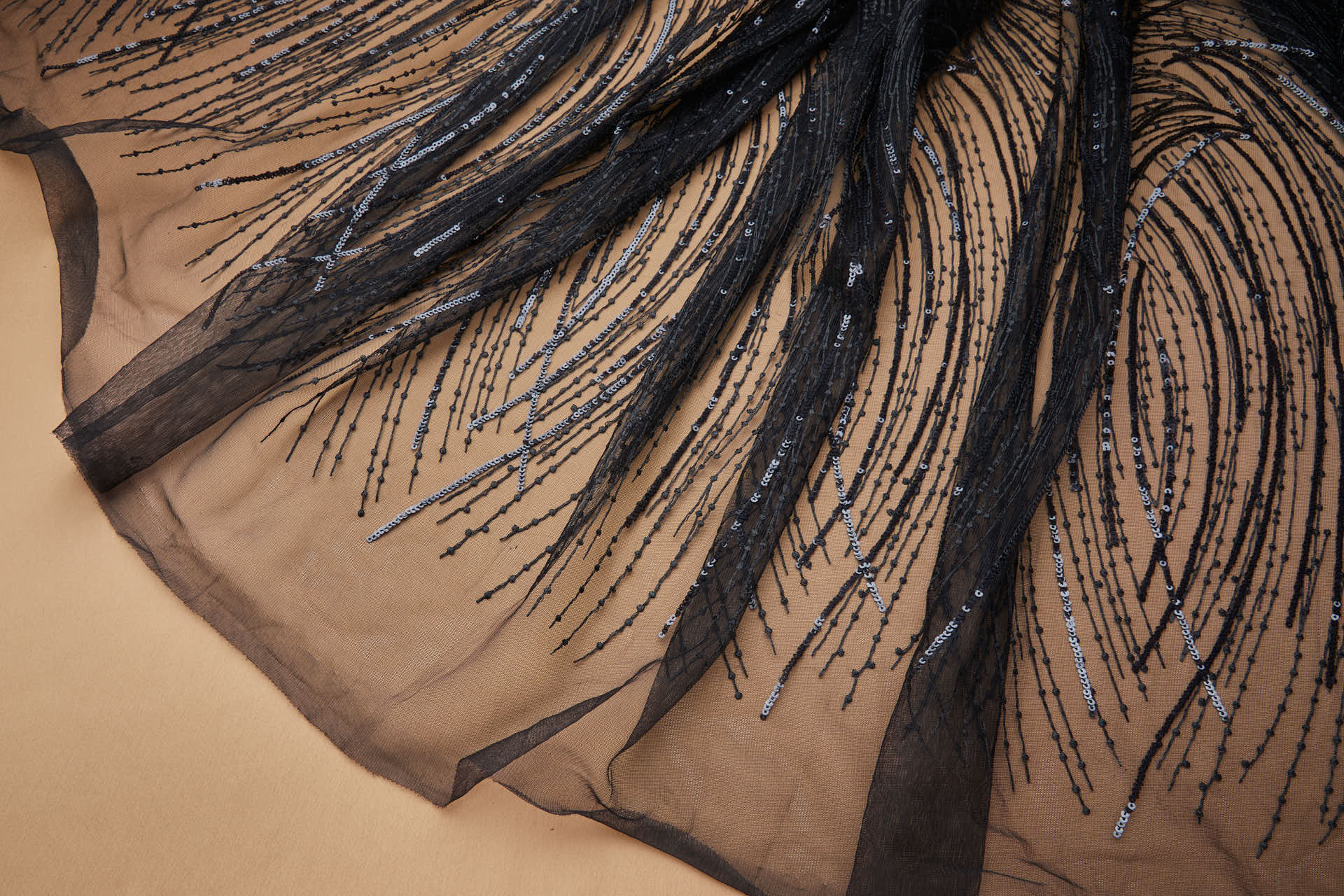 Abstract Wave Lines Sequined Embroidery on Tulle - Black fabric, image 2 of 8