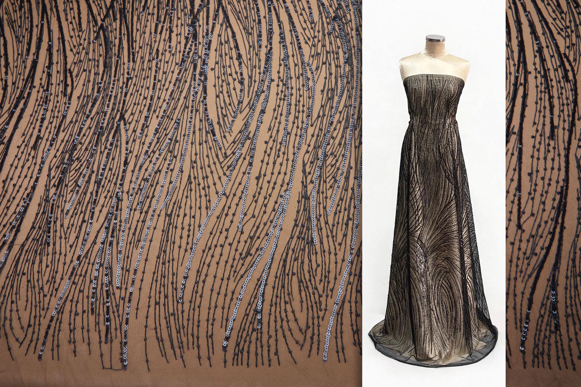 Abstract Wave Lines Sequined Embroidery on Tulle - Black fabric