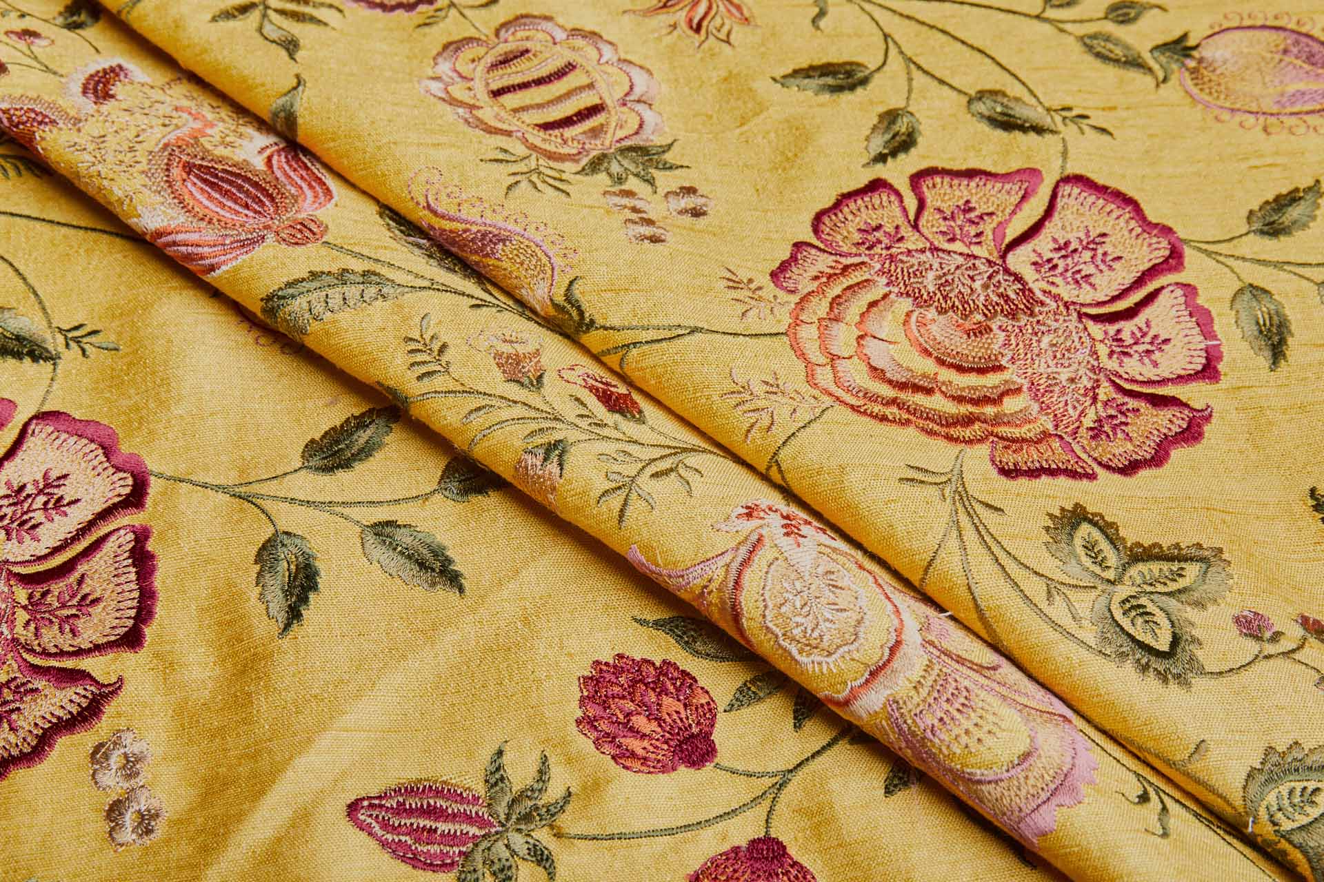 Yellow Textured Raw Silk with Floral Embroidery fabric, image 10 of 12