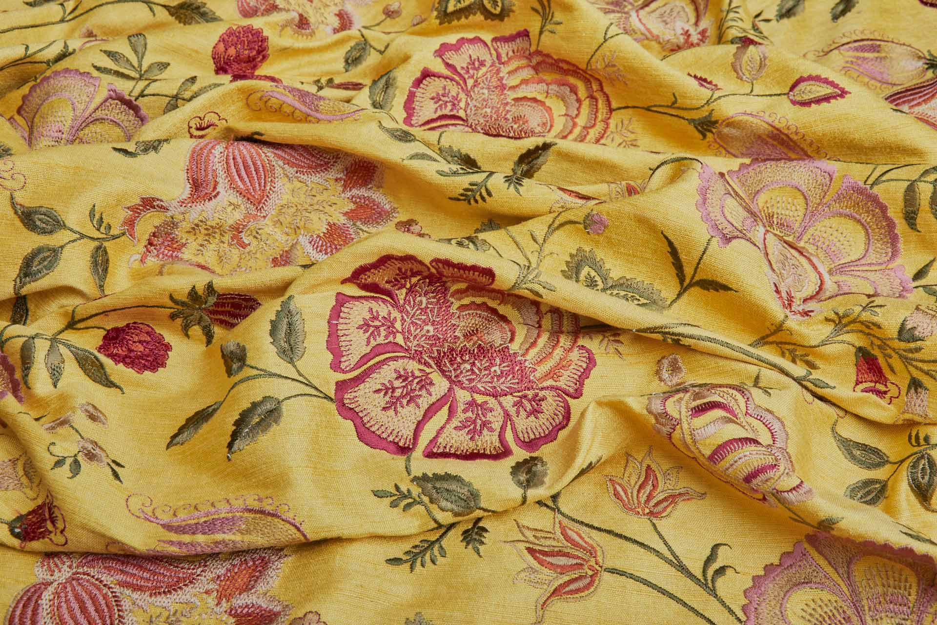 Yellow Textured Raw Silk with Floral Embroidery fabric