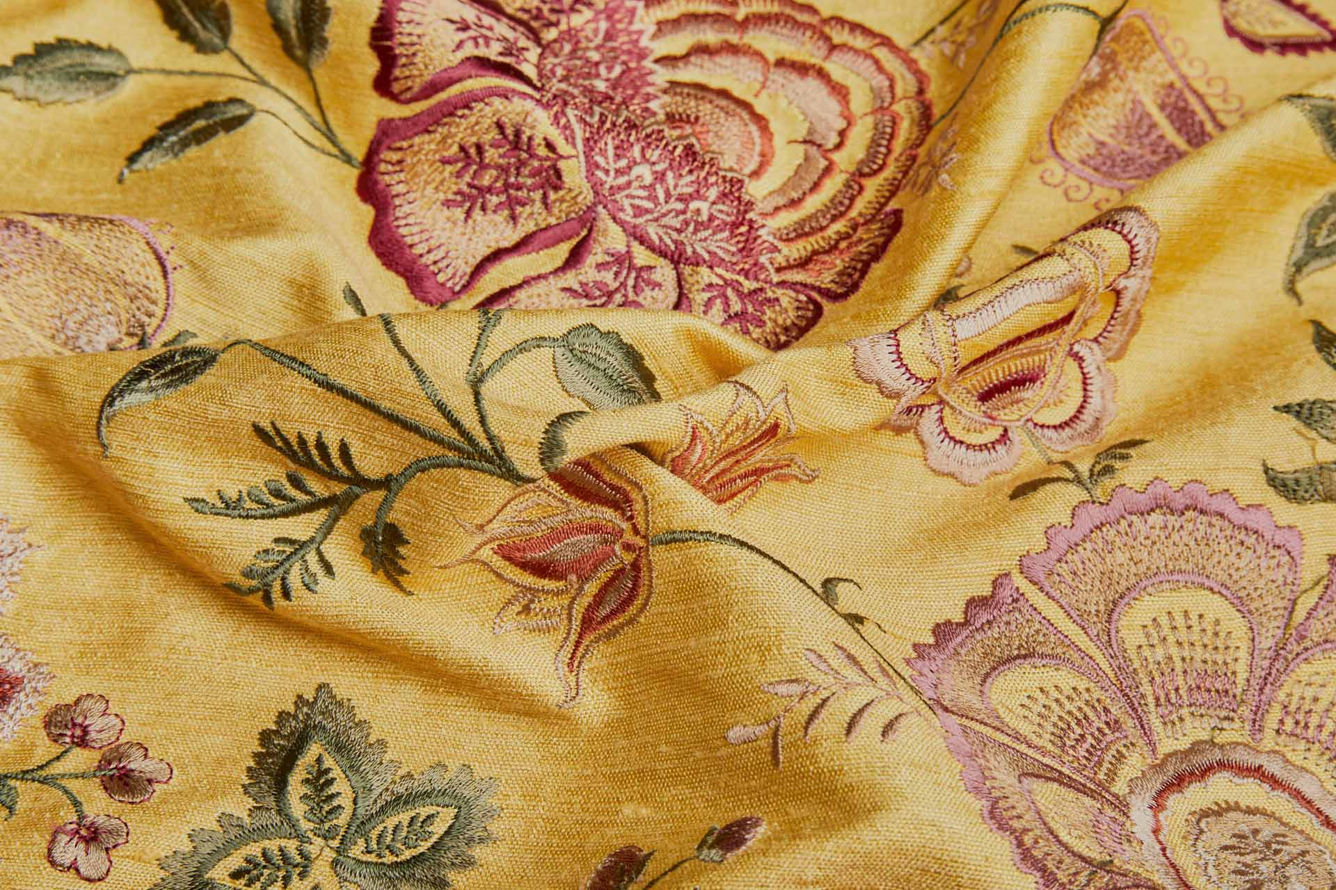 Yellow Textured Raw Silk with Floral Embroidery fabric, image 6 of 12