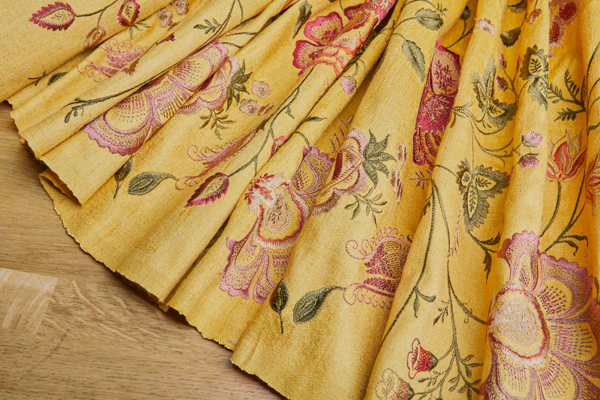 Yellow Textured Raw Silk with Floral Embroidery fabric, image 3 of 12