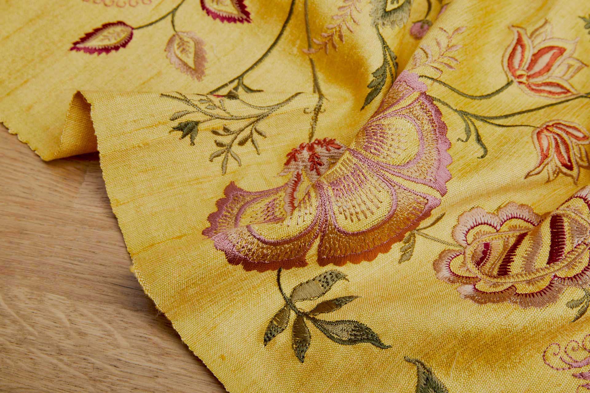 Yellow Textured Raw Silk with Floral Embroidery fabric, image 8 of 12