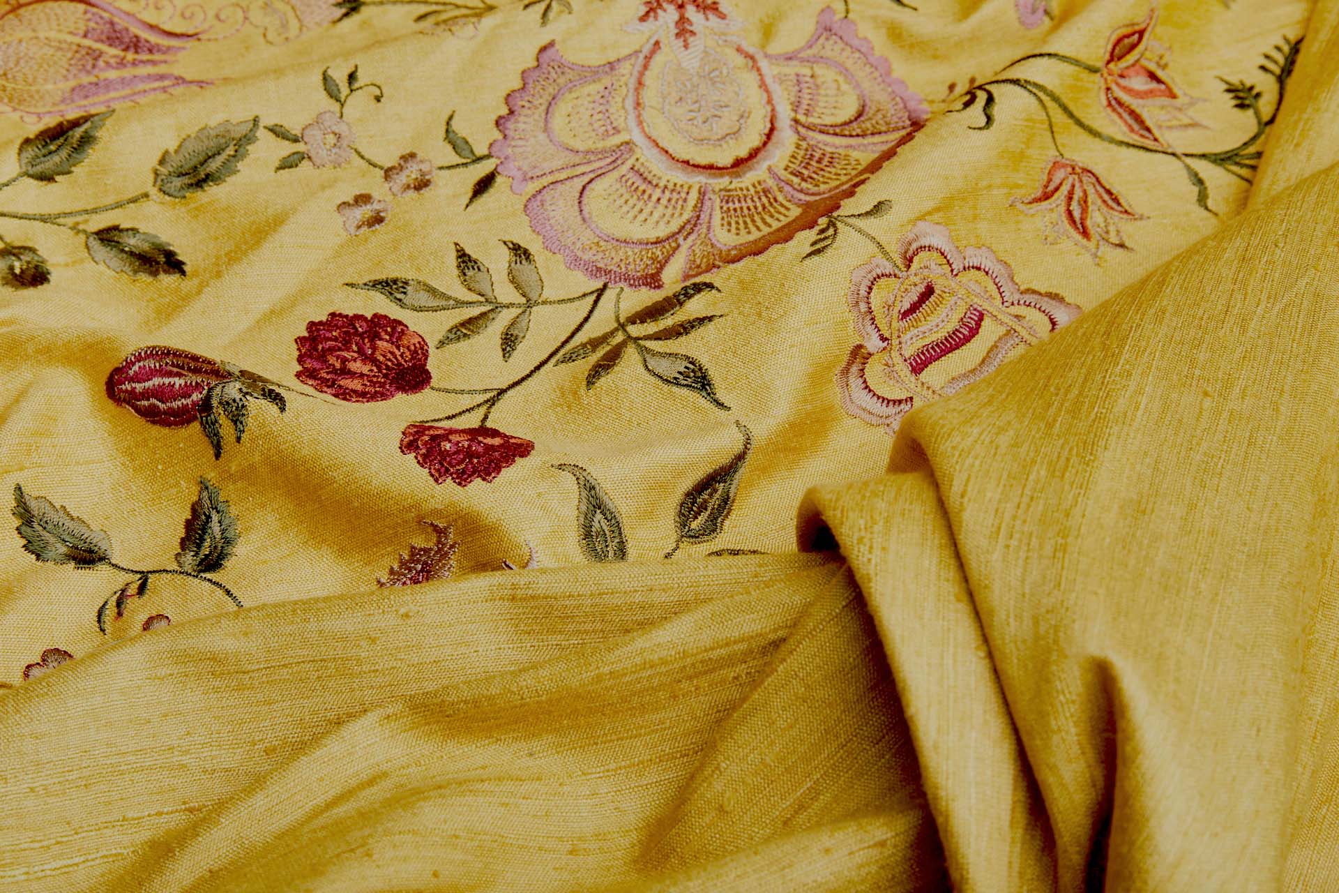 Yellow Textured Raw Silk with Floral Embroidery fabric, image 9 of 12