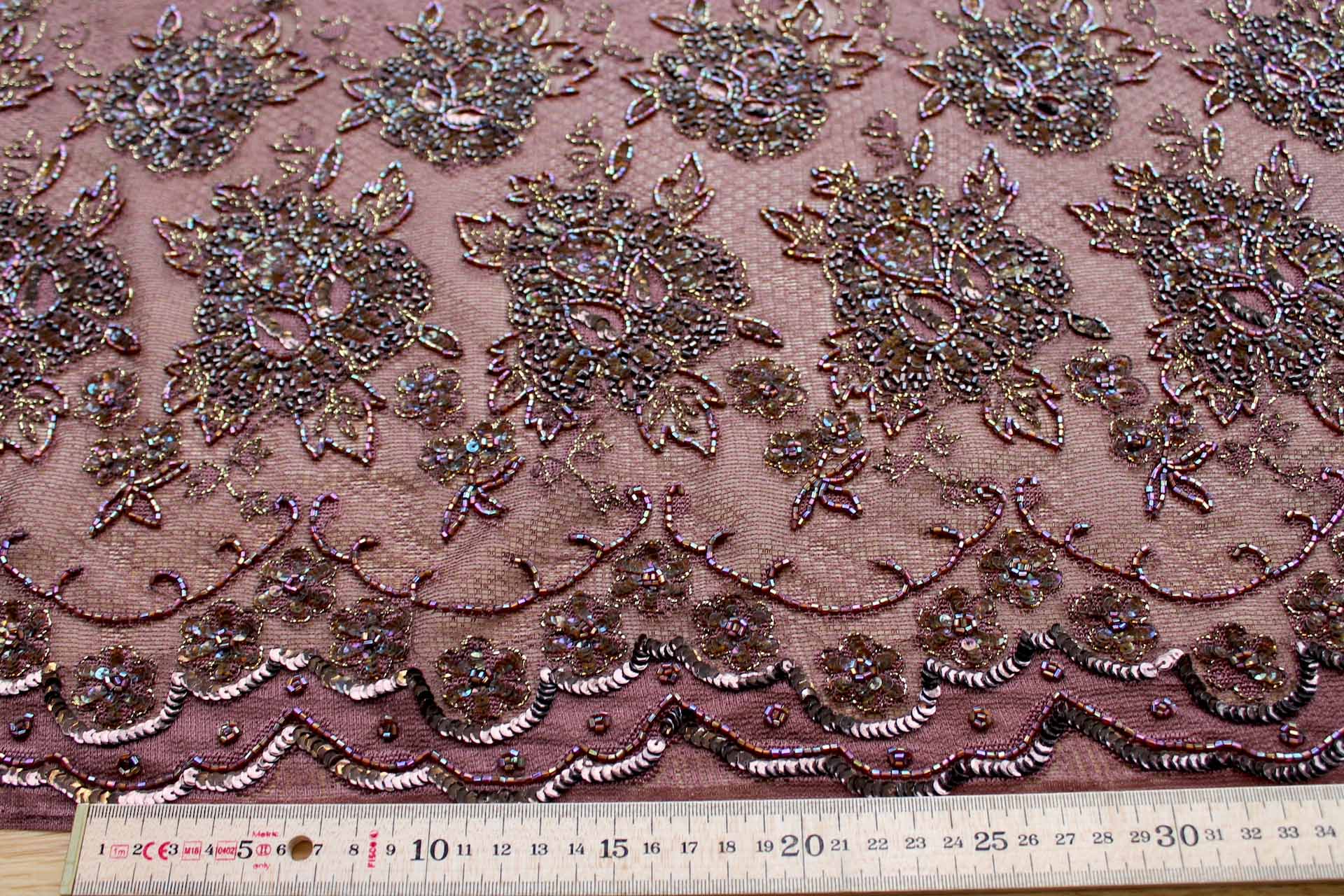 Brown Lace Mesh with Floral Gold Embroidery and Brown Beads fabric, image 2 of 5