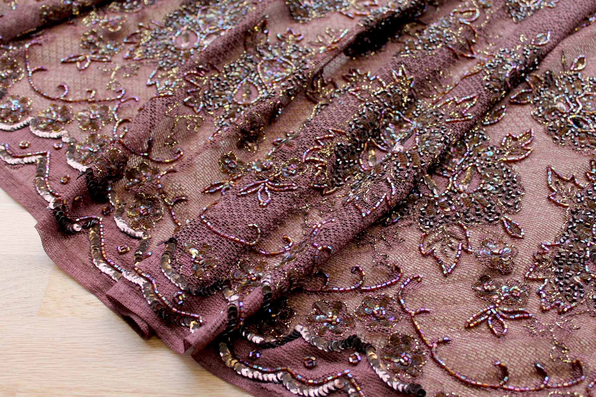 Brown Lace Mesh with Floral Gold Embroidery and Brown Beads fabric, image 3 of 5