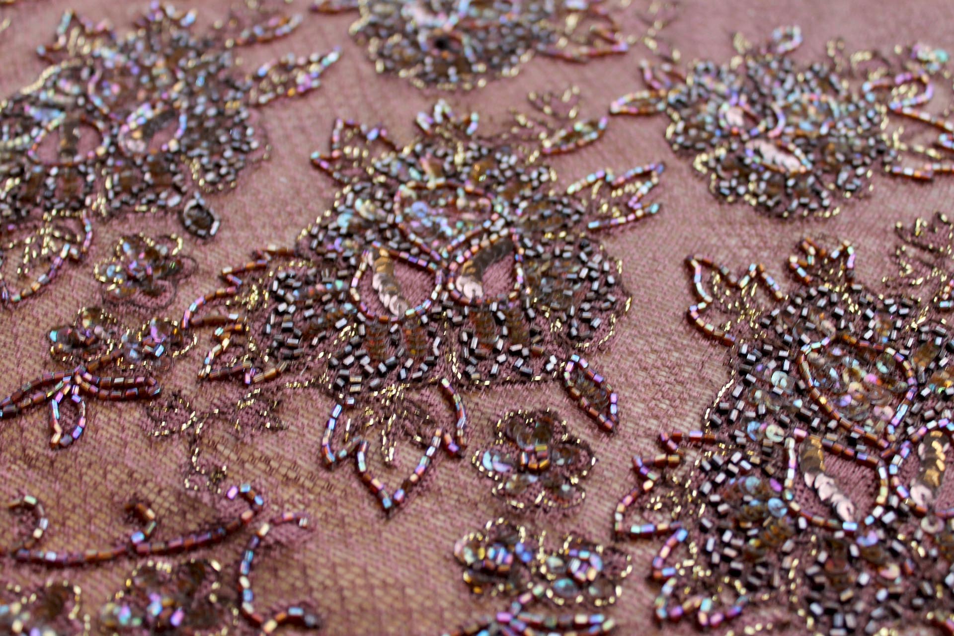 Brown Lace Mesh with Floral Gold Embroidery and Brown Beads fabric, image 4 of 5