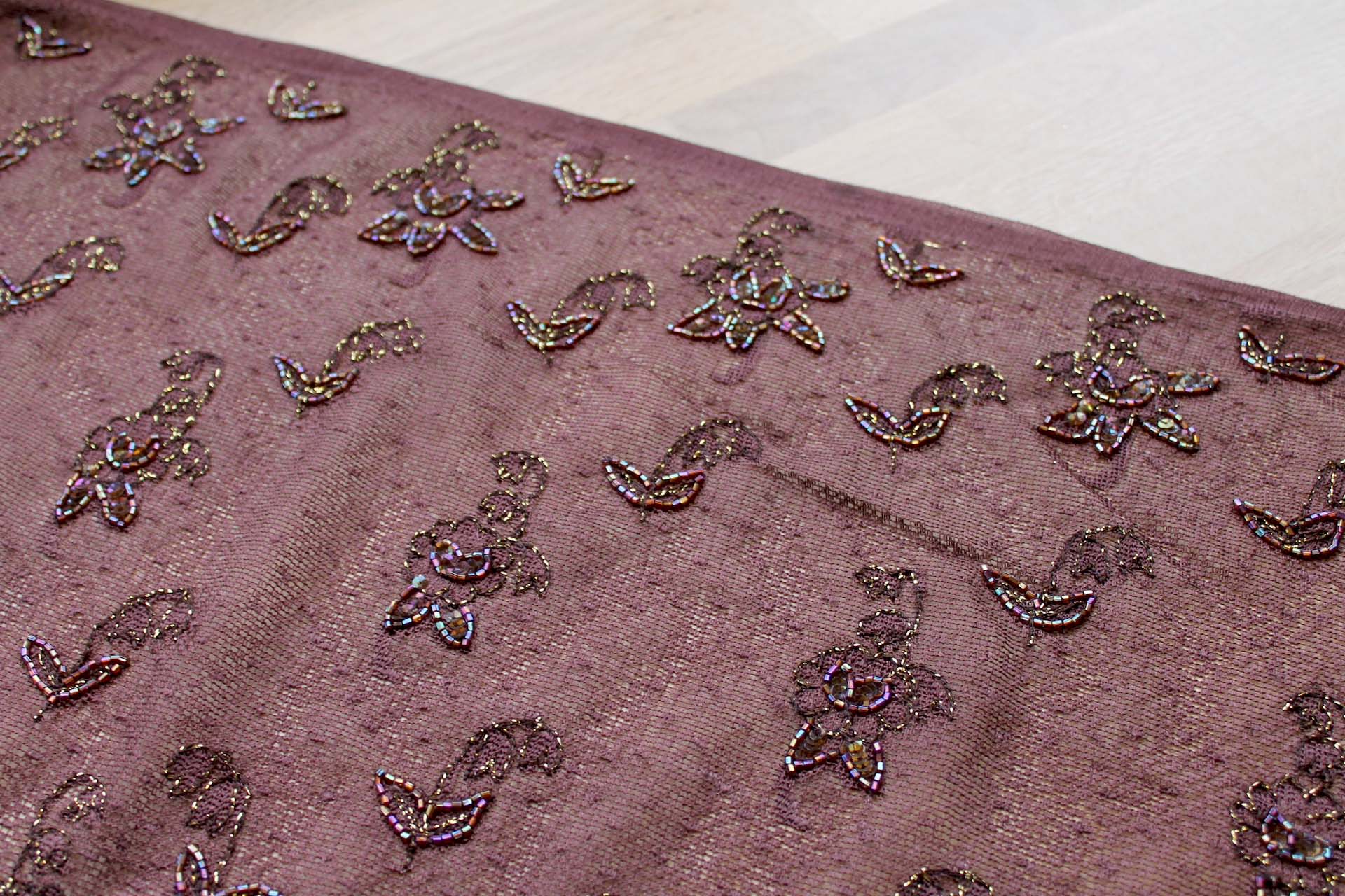 Brown Lace Mesh with Floral Gold Embroidery and Brown Beads fabric, image 5 of 5