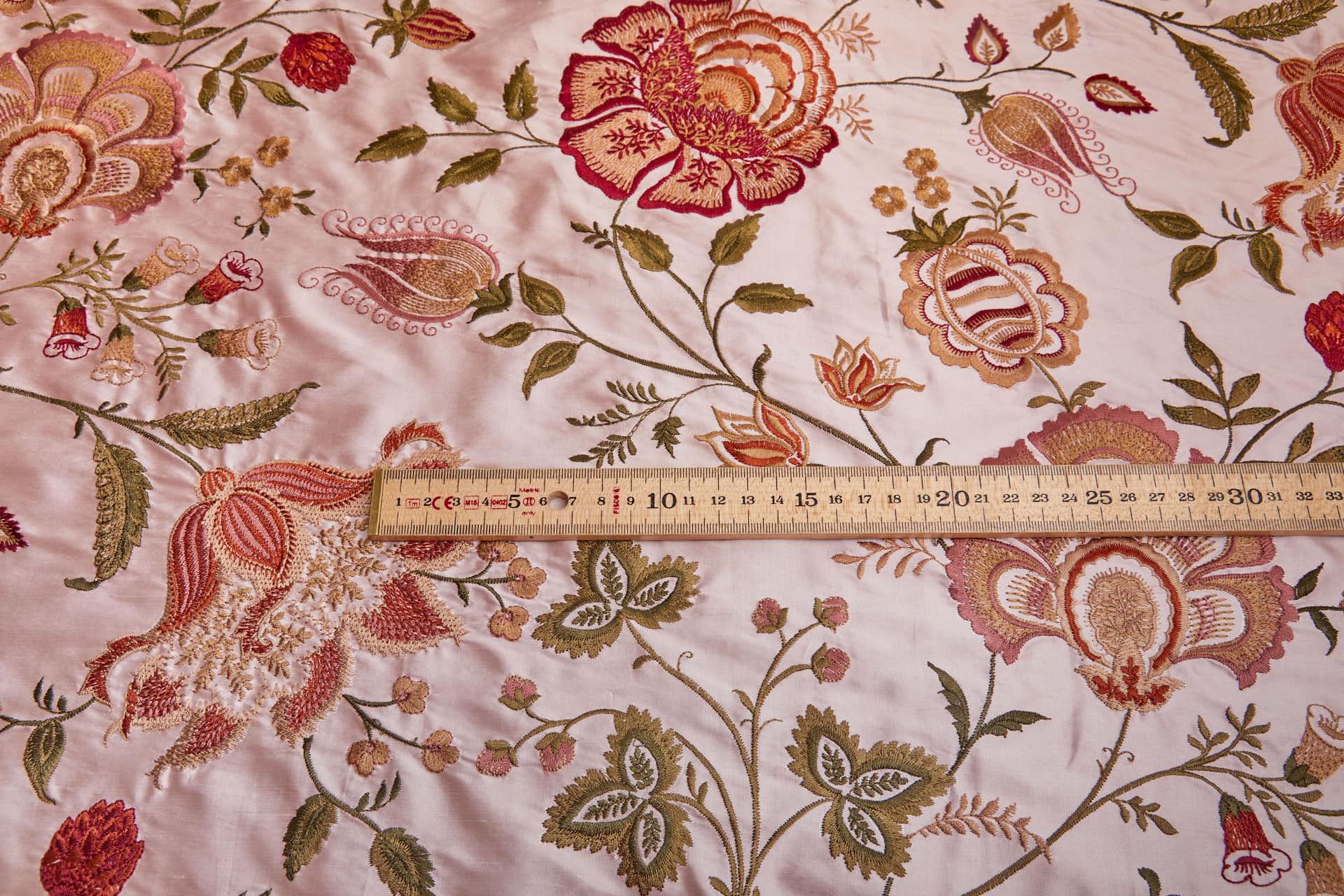 Large Floral Embroidery on Pale Pink Silk Dupion fabric, image 4 of 9